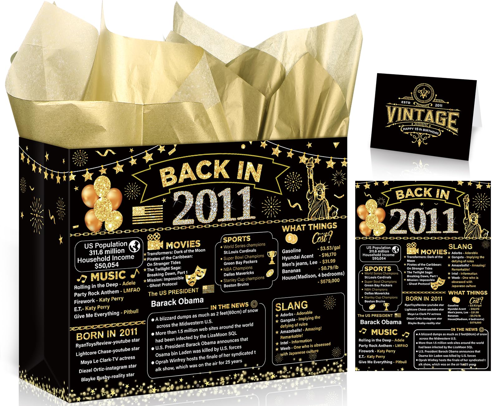 Yoirrat Black Gold 15th Birthday Gifts Bag Vintage 2011 Gift Bags with Greeting Cards 15th Birthday Wrapping Paper Bag for Women Man 15 Year Old Party Supplies