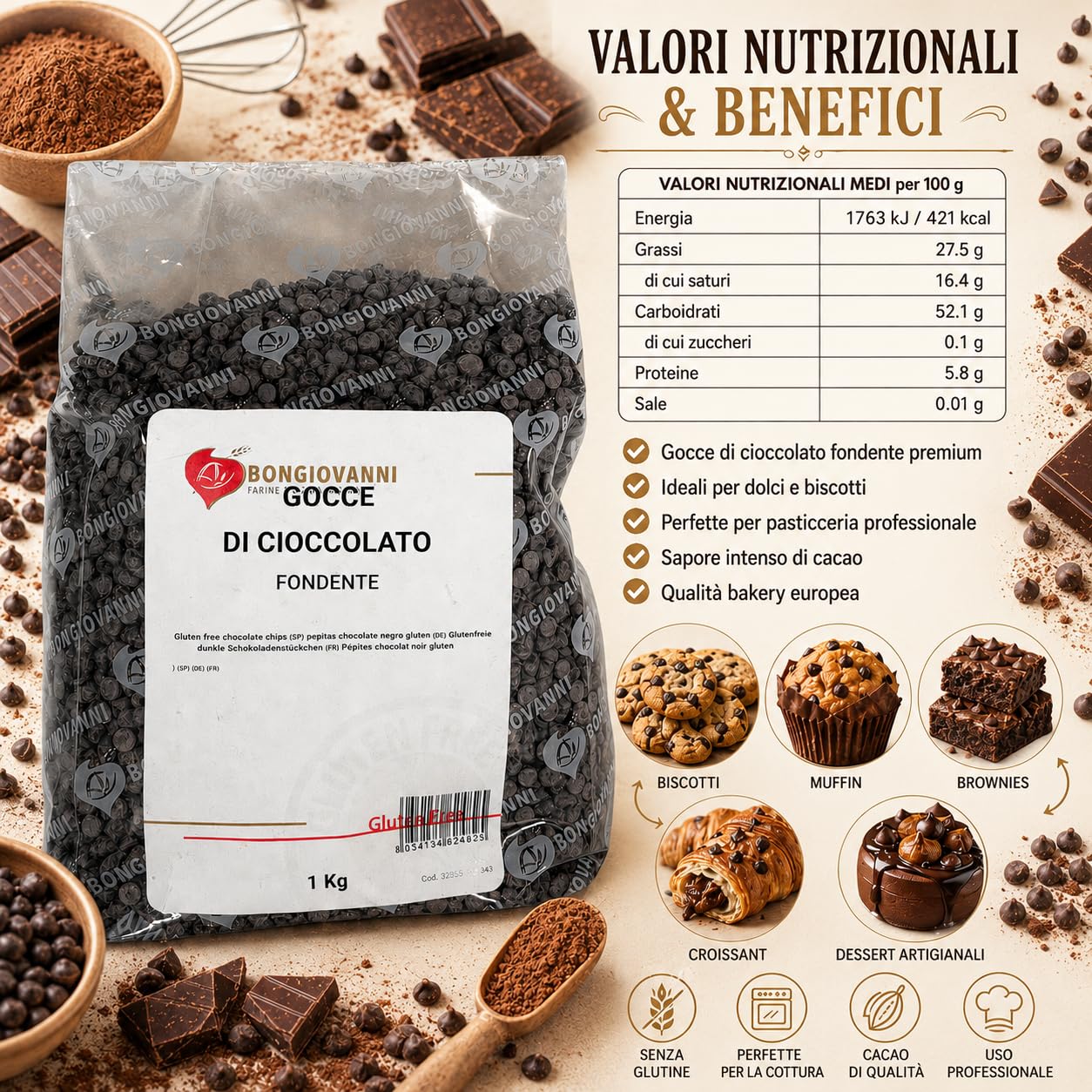 Bongiovanni Bontà Naturali Pépites de Chocolat Noir Sans Gluten 1 kg