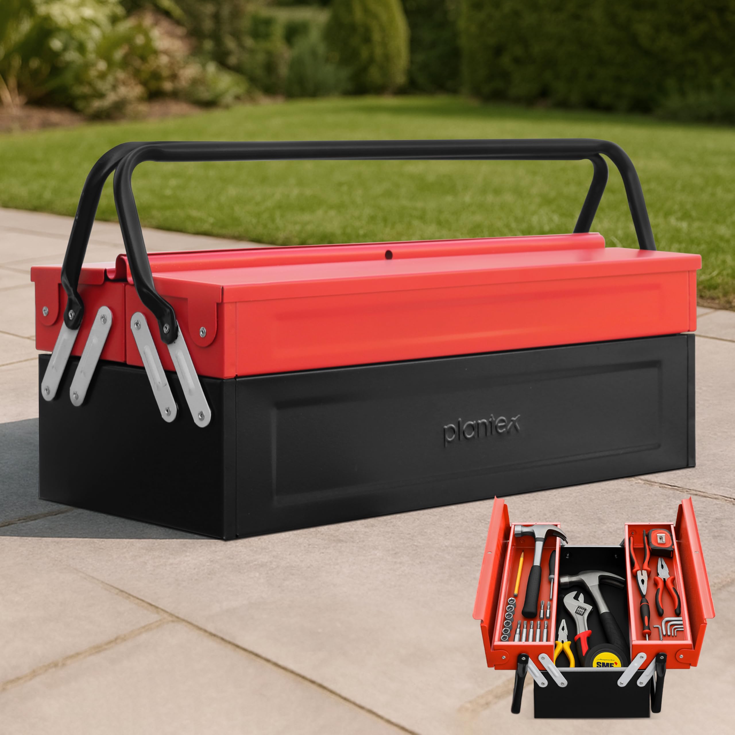 Plantex Metal Tool Box/3 Cabinet Empty Tool Kit Box With Large Capacity & Strong Handle/Tools Box for Home Use/Tool Organizer for Essential Tools - (Red & Black)