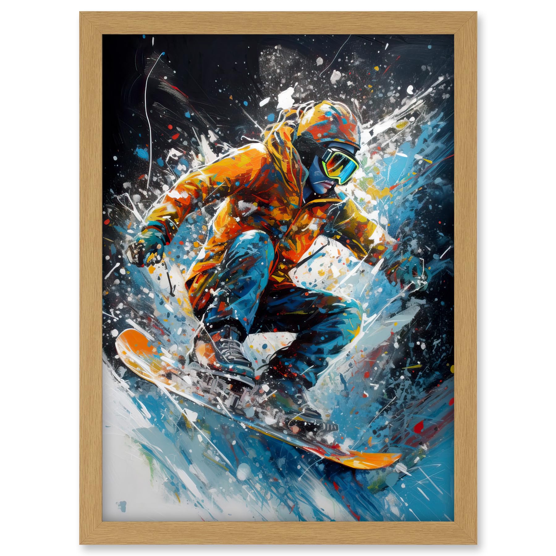 Artery8 Snowboarder Landing Snowboard Jump Splatter Paint Artwork Framed A3 Wall Art Print