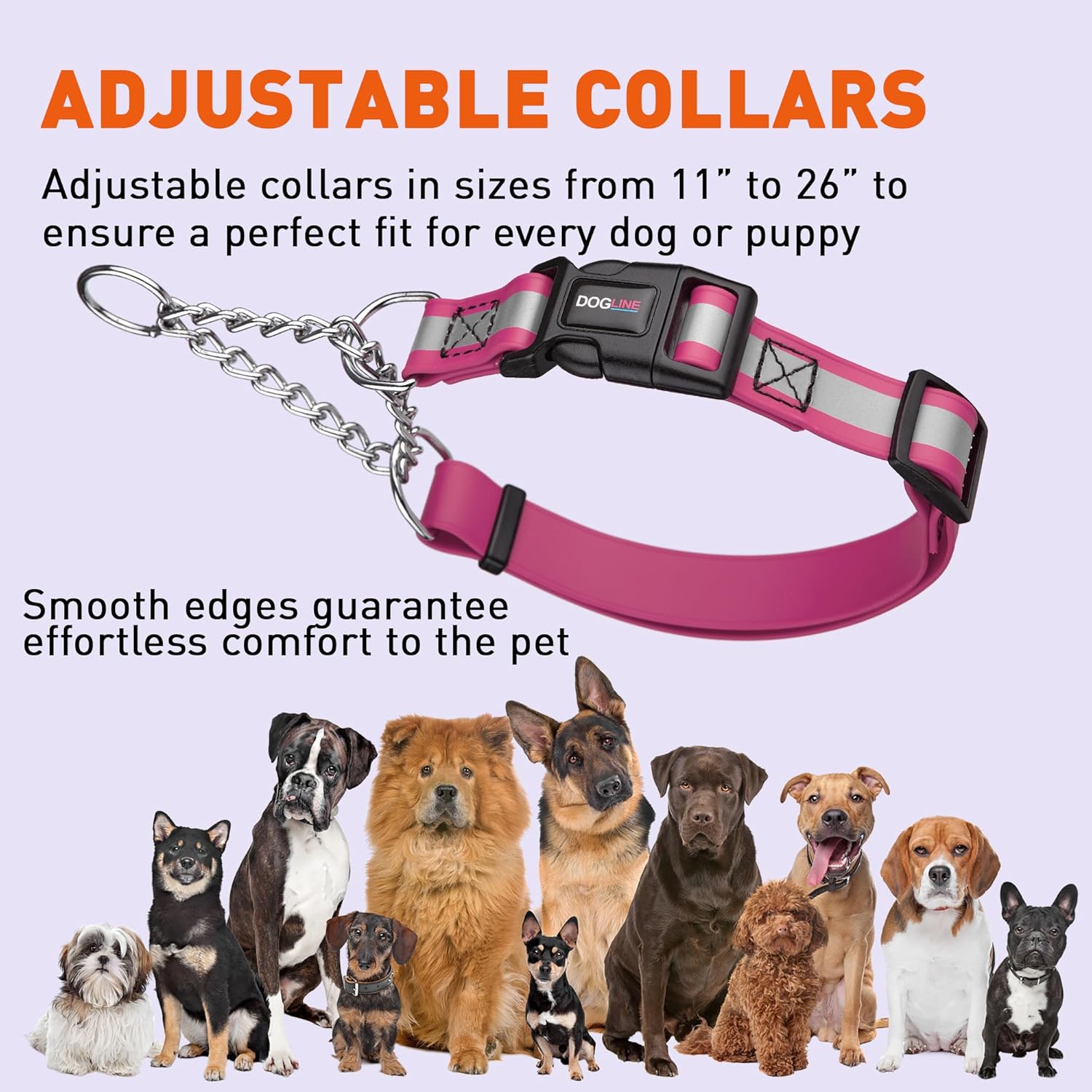 Dogline Reflective Martingale Collar for Dogs with Quick Release Buckle – Biothane Dog Collar with Herm Sprenger Assembly Chain – Waterproof No Pull Dog Collar, L 14”-20”, Passionfruit Pink