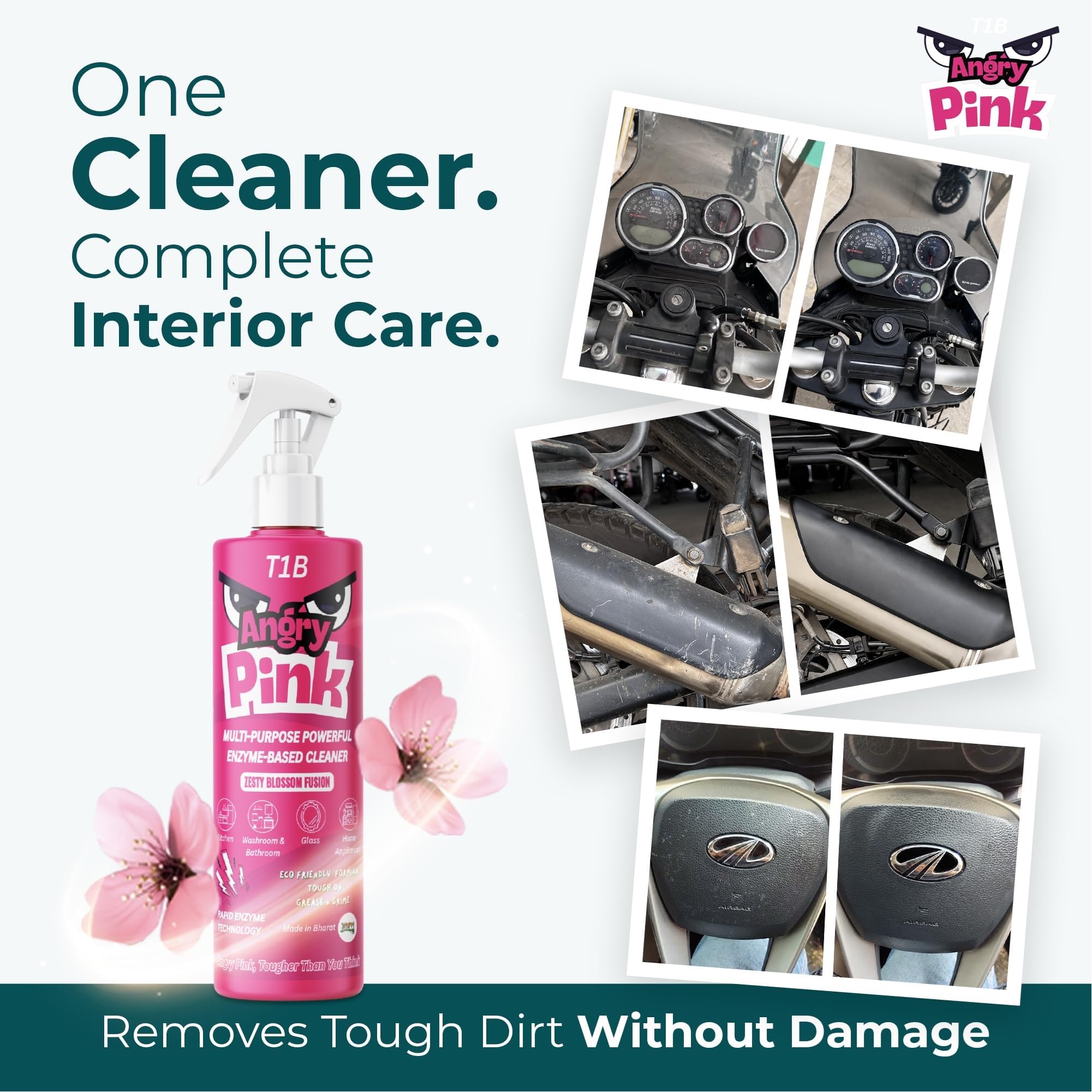 Angry Pink Powerful Car Interior & Bike Cleaner Spray | Enzyme Based Degreaser for Dashboard, Seats, Plastic & Leather | Removes Oil, Dirt & Grease | Multipurpose Auto Interior Cleaning Spray(400ml)