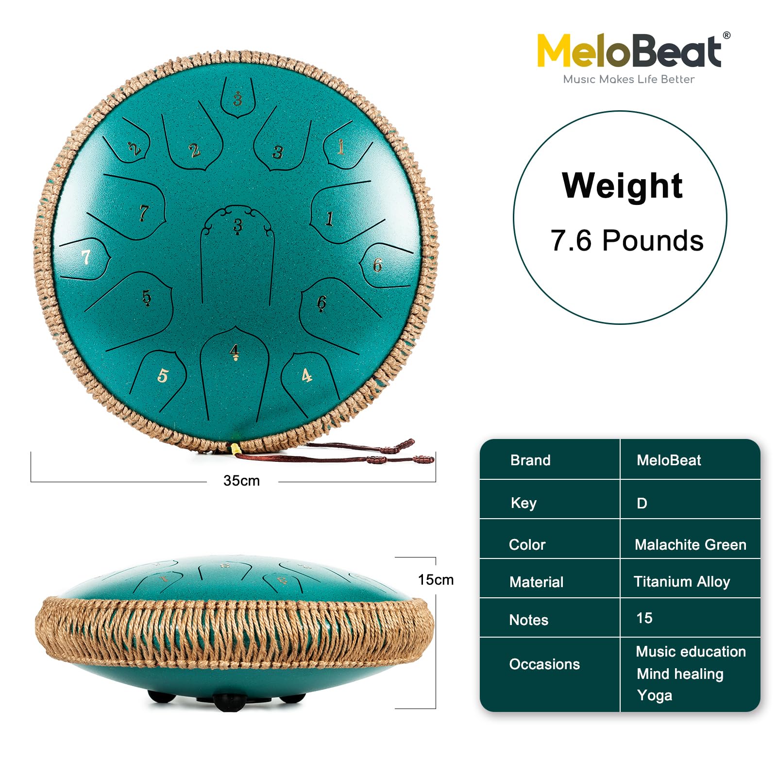 MeloBeat Zungentrommel 14 Zoll 15 Töne - Professionelles Steel Tongue Drum Handpan Set in D Dur inkl. Zungentrommel Liederbuch, Schlagzeug Sticks und Trommel Tragetasche (Grün)