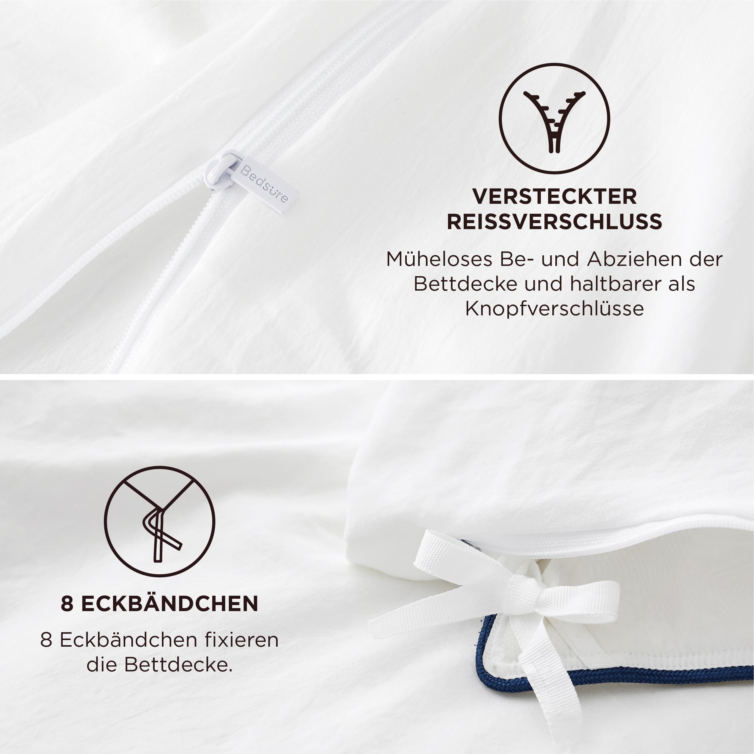 BEDSURE Beddengoed 155 x 220 cm, 3-delig, wit, zacht, Oeko-Tex, polyester, microvezel, beddengoedset, 1 dekbedovertrek van 155 x 220 cm met ritssluiting en 2 kussenslopen van 80 x 80 cm
