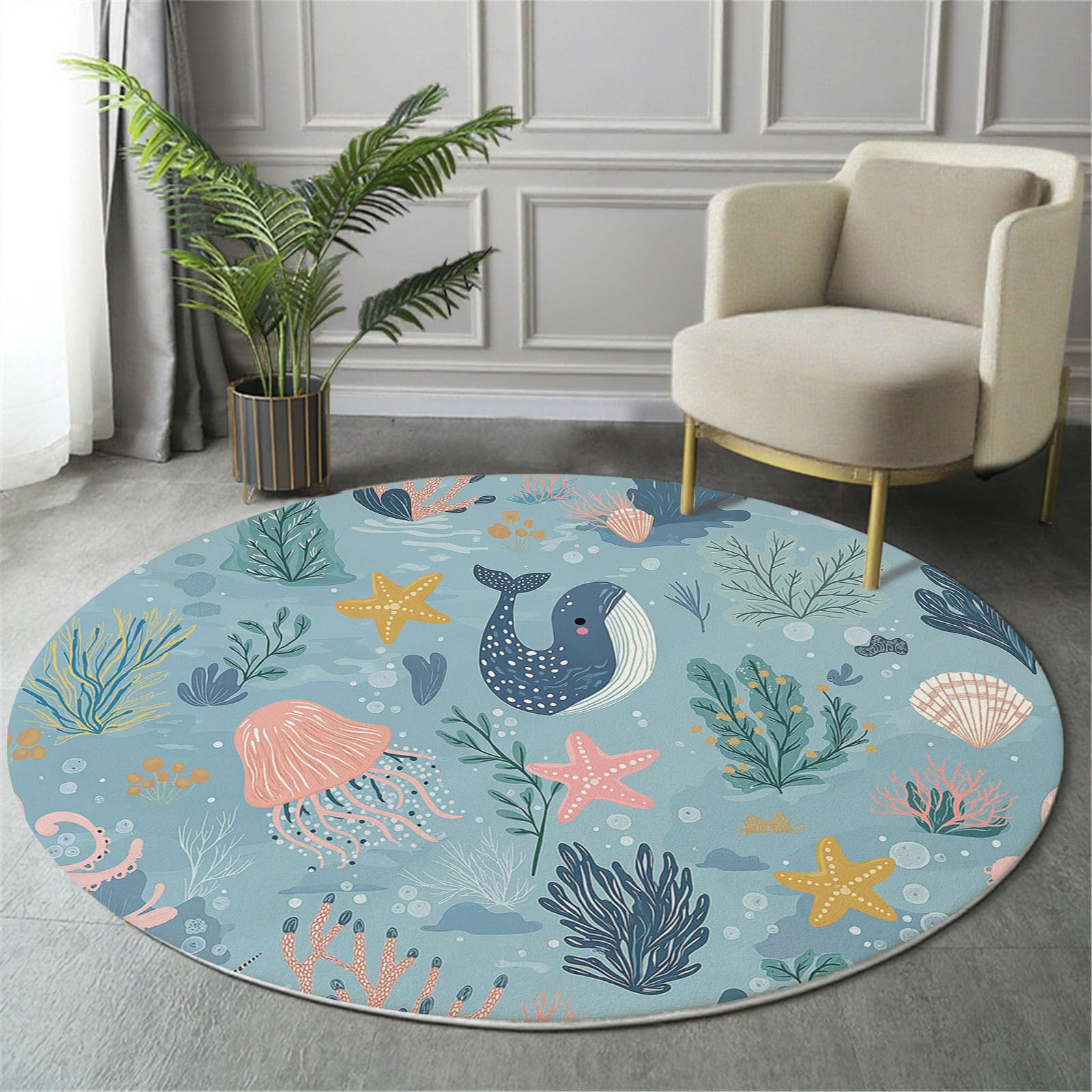 Tapis Rond Lavable en Machine Motif Baleine Méduse Décoration De Chambre pour Adultes Enfants, Joli Thème Océan Bleu Clair Antidérapant Doux Poils Ras Tapis Rond De Salon, 120 Cm