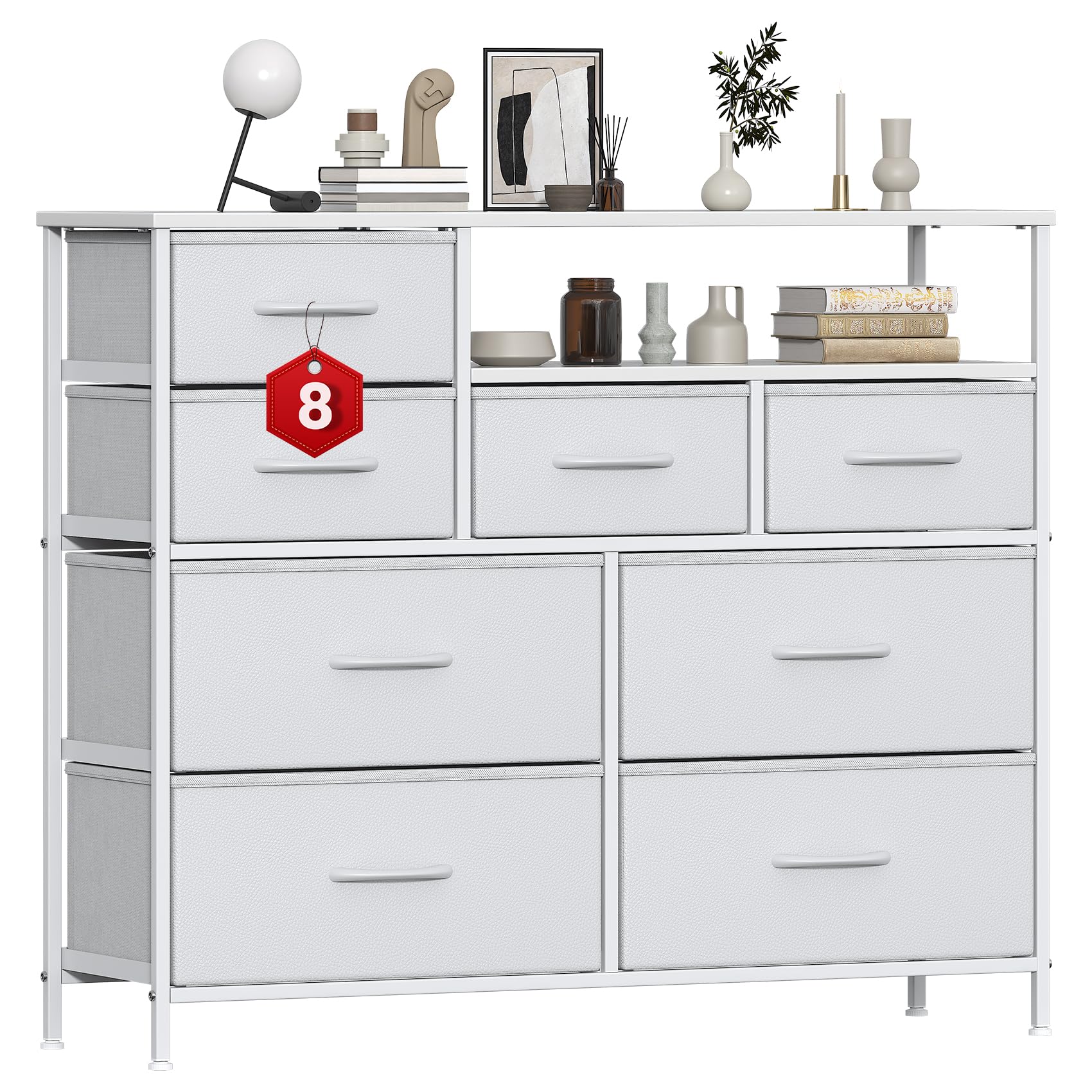 GoaHi 8 Drawer Fabric Chest of Drawers, Wide Metal Frame Storage Unit, Open Compartment MDF Top Clothes Organiser Cabinet for Bedroom Living Room Hallway, White