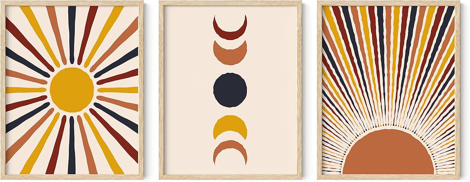 HAUS AND HUES Mid Century Modern Wall Art Boho Wall Decor - Set of 3 Sun Art Print Boho Wall Prints Mid Century Decor | Boho Posters and Prints Moon Wall Art Mid Century Modern (Beige Framed, 11x14