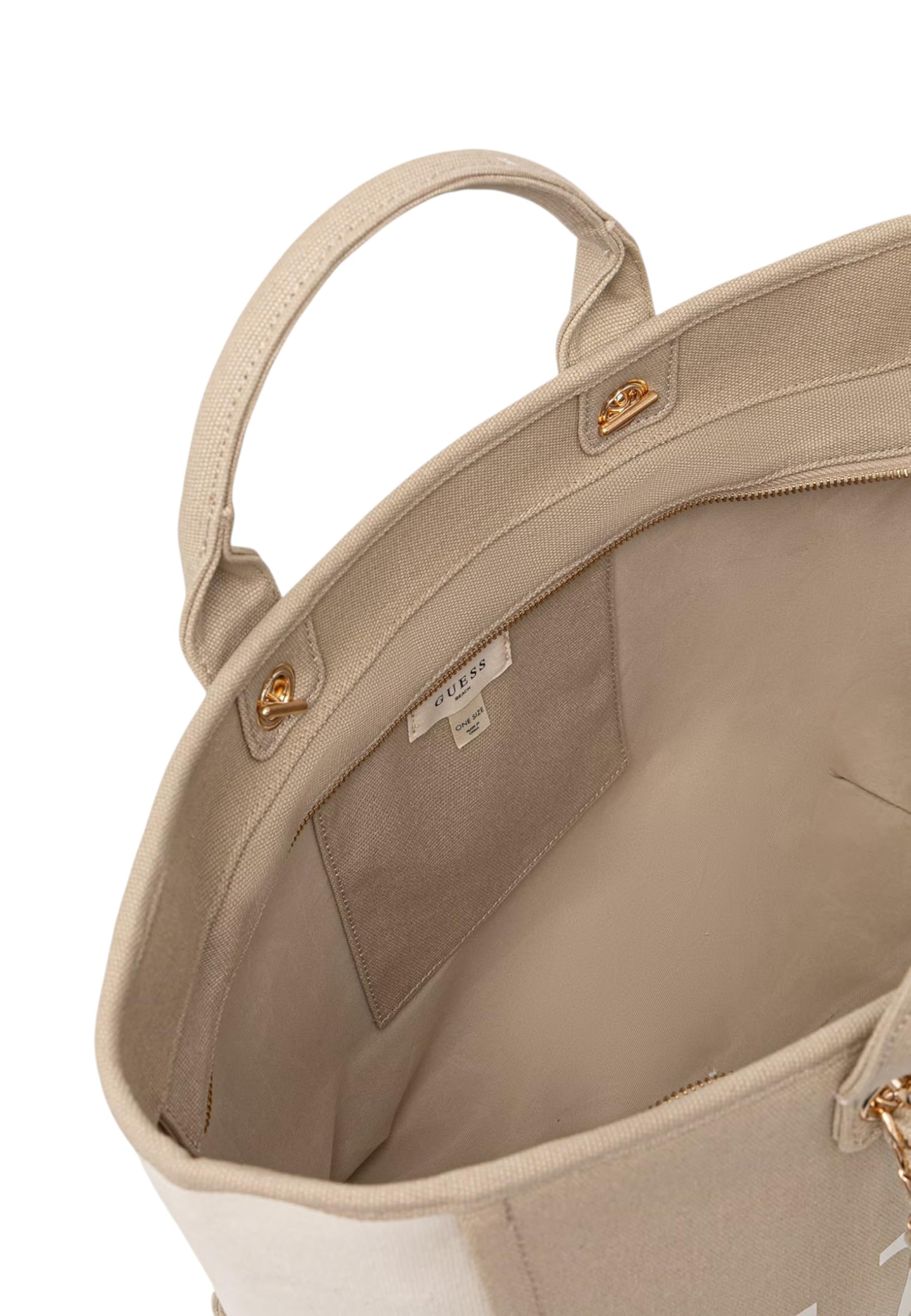GUESS Strandtasche für Damen aus Stoff mit Logo, Beige, 50 x 31 x 18 cm, mit Griffen und Kettengurt, Reißverschluss