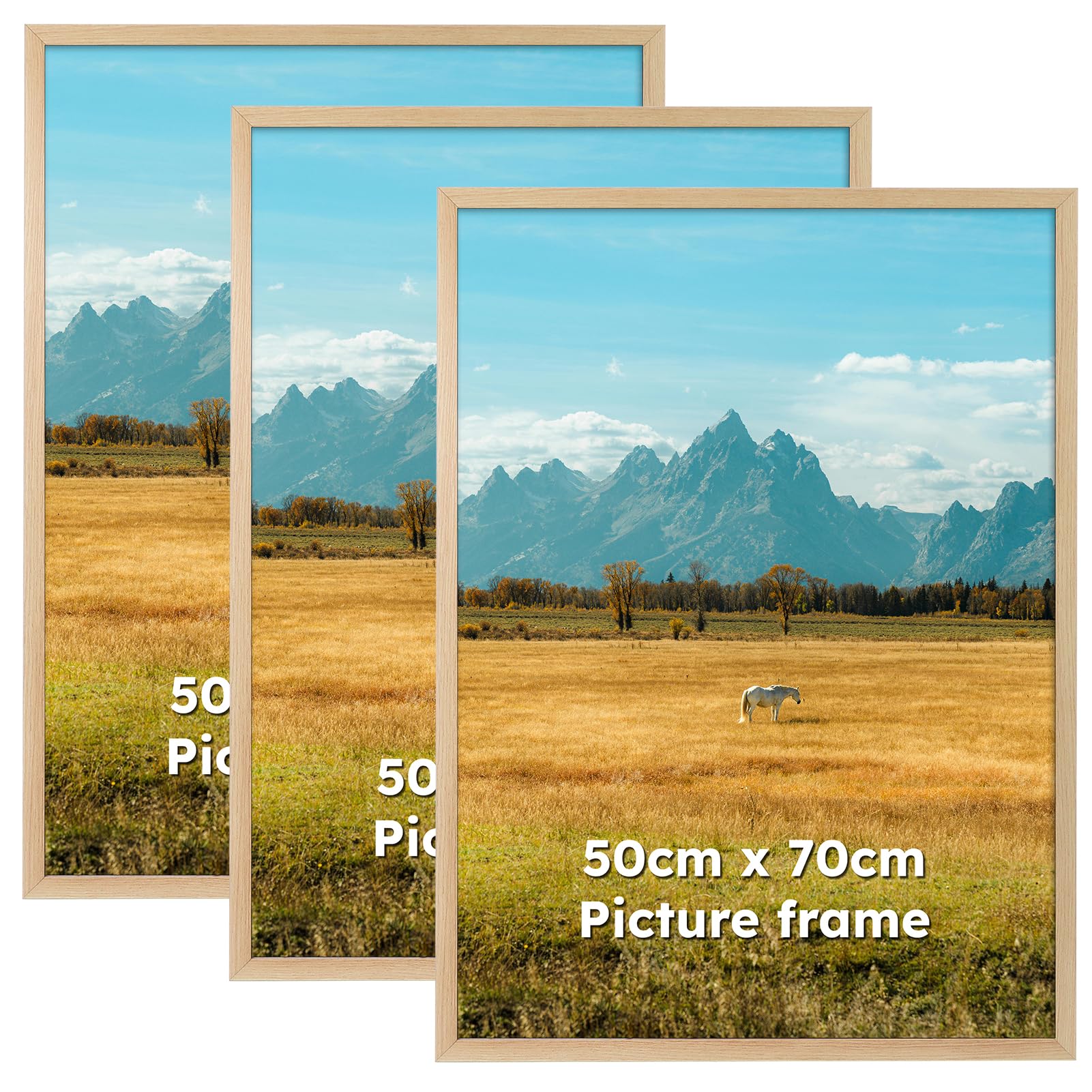 Vasemouh 50x70 cm Picture Frame Natural Wood Color Pack of 3, Large Aluminium Metal 50cm x 70cm Photo Frame for Posters or Artwork, Horizontal or Vertical Wall Hanging