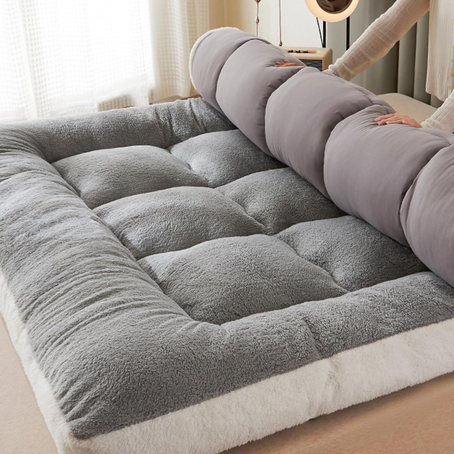 Winter Warm Sherpa Mattress, Fluffy Plush Reversible Futon Mattress Portable Foldable Camping Mattress(200x220cm, Blue)