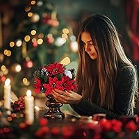 Vista 3 de BLOSMON Flores de Pascua artificiales de Navidad: 2 piezas de centros de mesa de bolas florales falsas rojas para decoraciones de mesas, flor