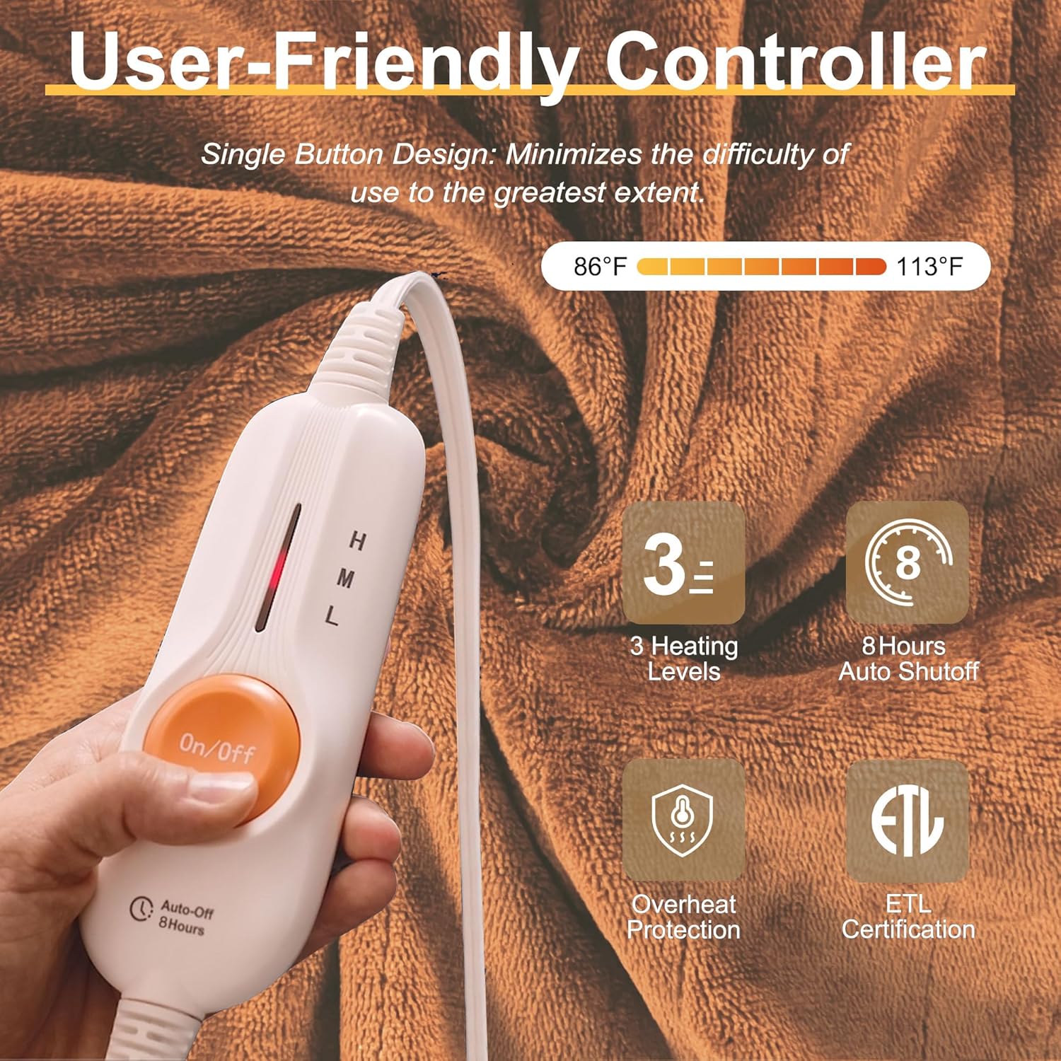 Gintao Electric Heated Blanket Full Size, 72"x84" Double Soft Flannel Electric Blanket with 3 Heating Levels,ETL&FCC Certified,8H Auto Off Heating Blanket&Overheat Protection,Gifts,Brown - Image 4