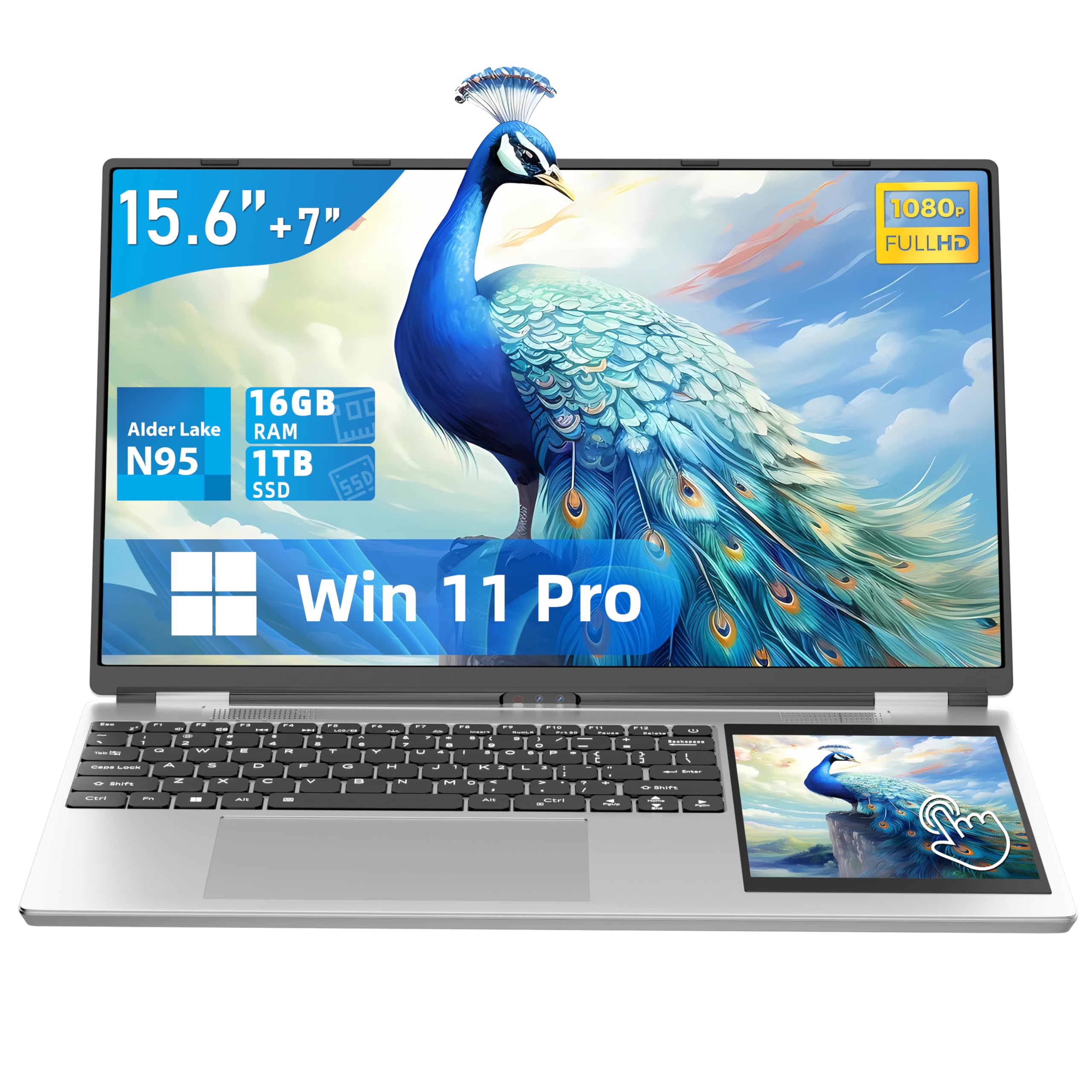 ZWYING 15.6" Dual Screen Laptop+7" Small Touch Screen,Paired with High-Speed Alder Lake N95 CPU (up to 3.4GHz) DDR4 16GB RAM 1TB SSD,with Color