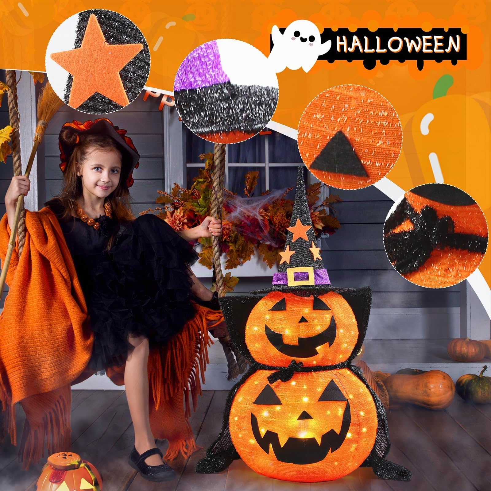 Halloween Kürbis Dekorationen, Lichter mit 50 LED-Lichtern, Faltbarer Kürbis mit Hexenhut-Lichtern, Dekorationen für den Innen- und Außenbereich, Hof, Urlaub, Gartendekoration (85cm)