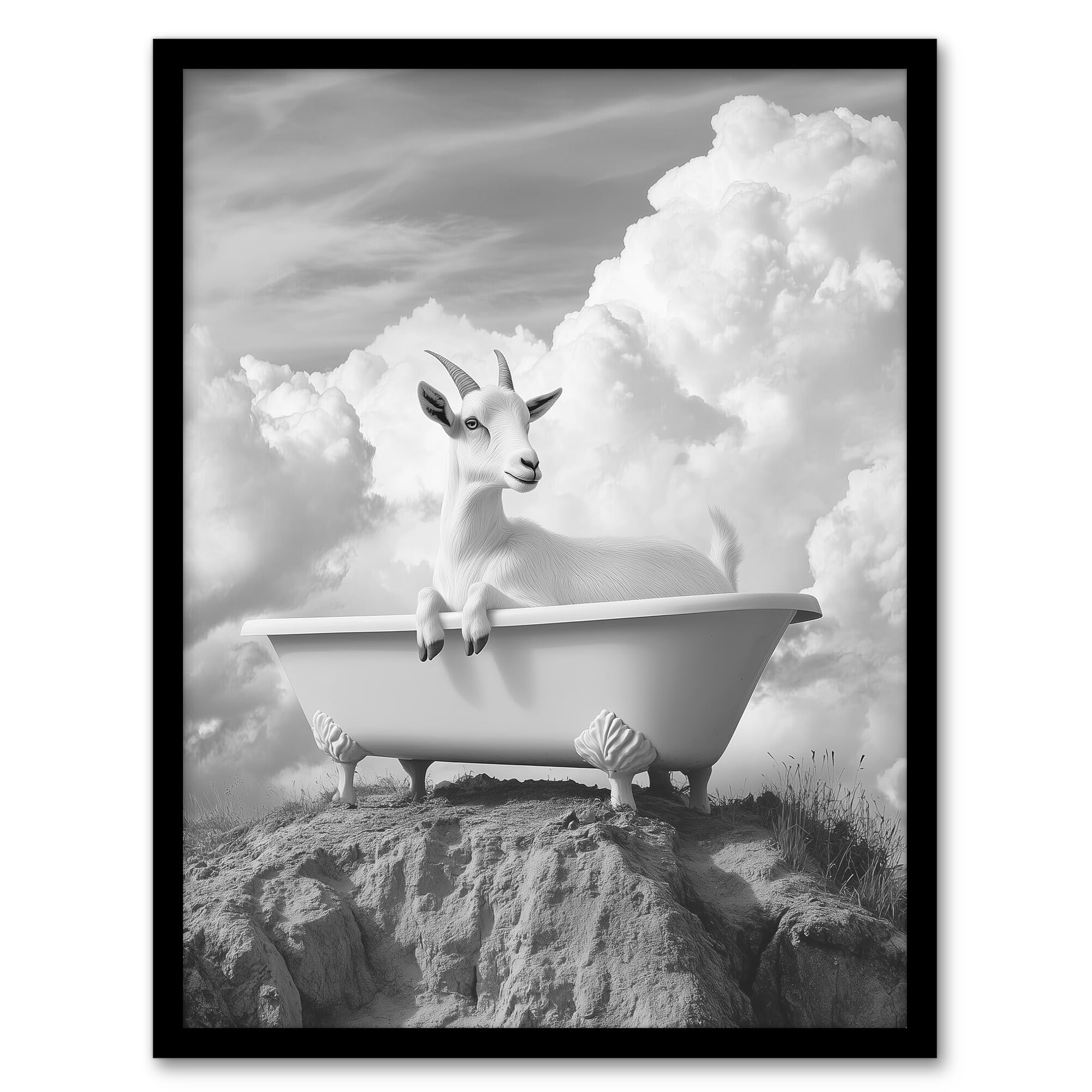Artery8 Goat in a Bathtub on a Hill Black White Surreal Bathroom Toilet Artwork Framed Wall Art Print 18X24 Inch
