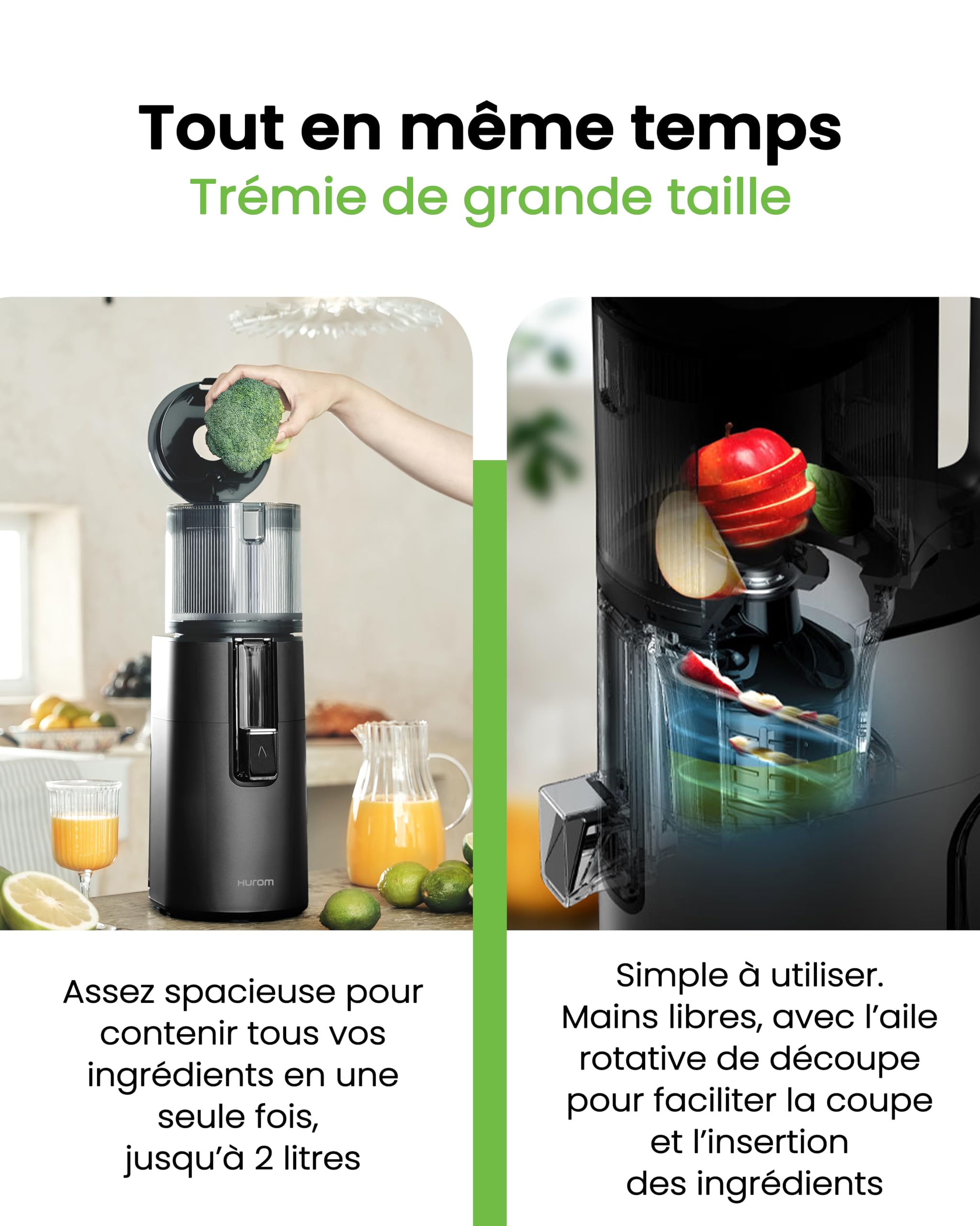Hurom Extracteur de Jus Fruits et Légumes H400 | Centrifugeuse Extracteur de Jus Silencieux et Facile à Nettoyer | Sans BPA | Hopper 2L, Chamber 550ml