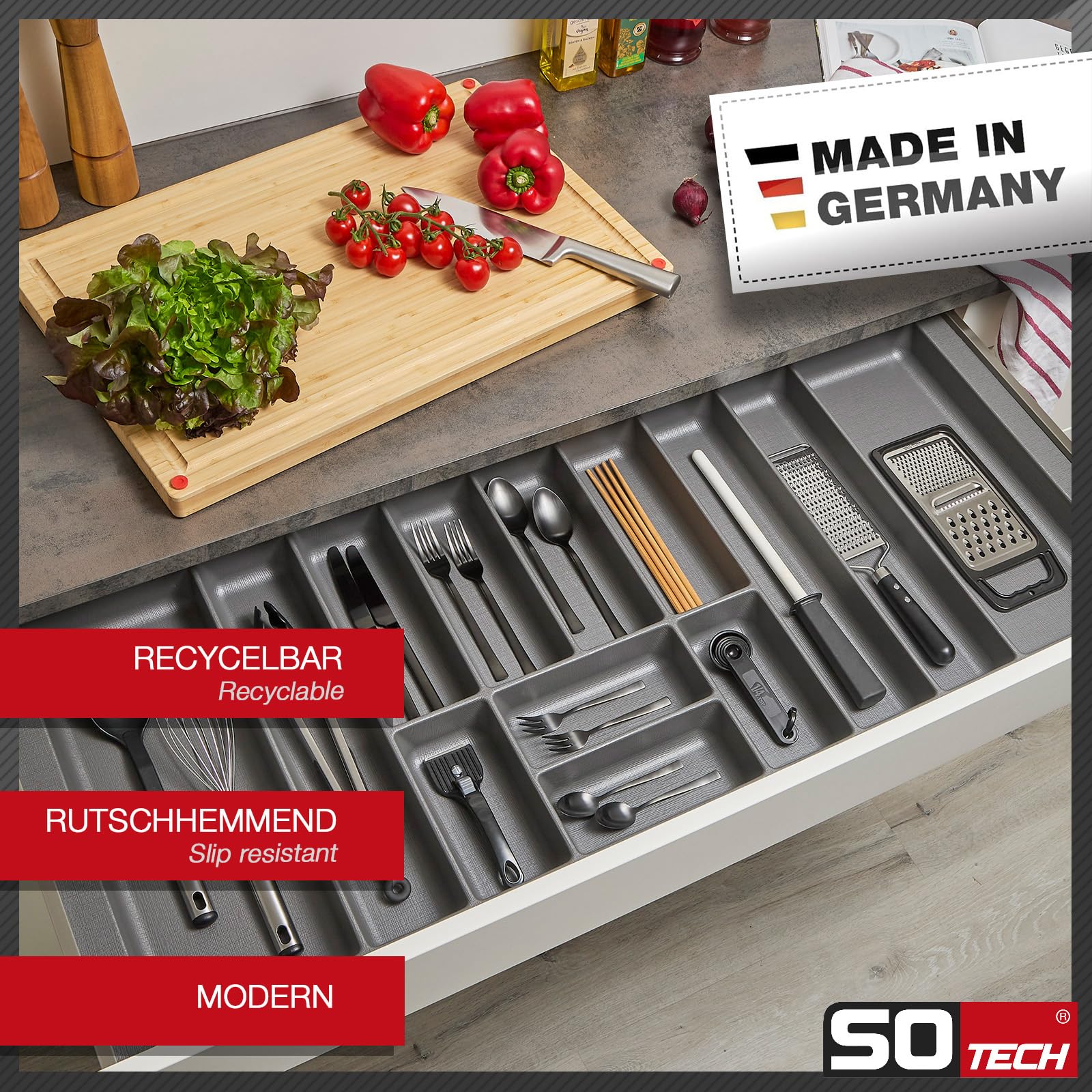 ORGA-BOX 9 insert de tiroir à couverts, profondeur : 473 x largeur : 1129 mm, anthracite avec structure en toile, pour tiroirs de 120 mm, par exemple dans les cuisines Nobilia à partir de 01.2025.
