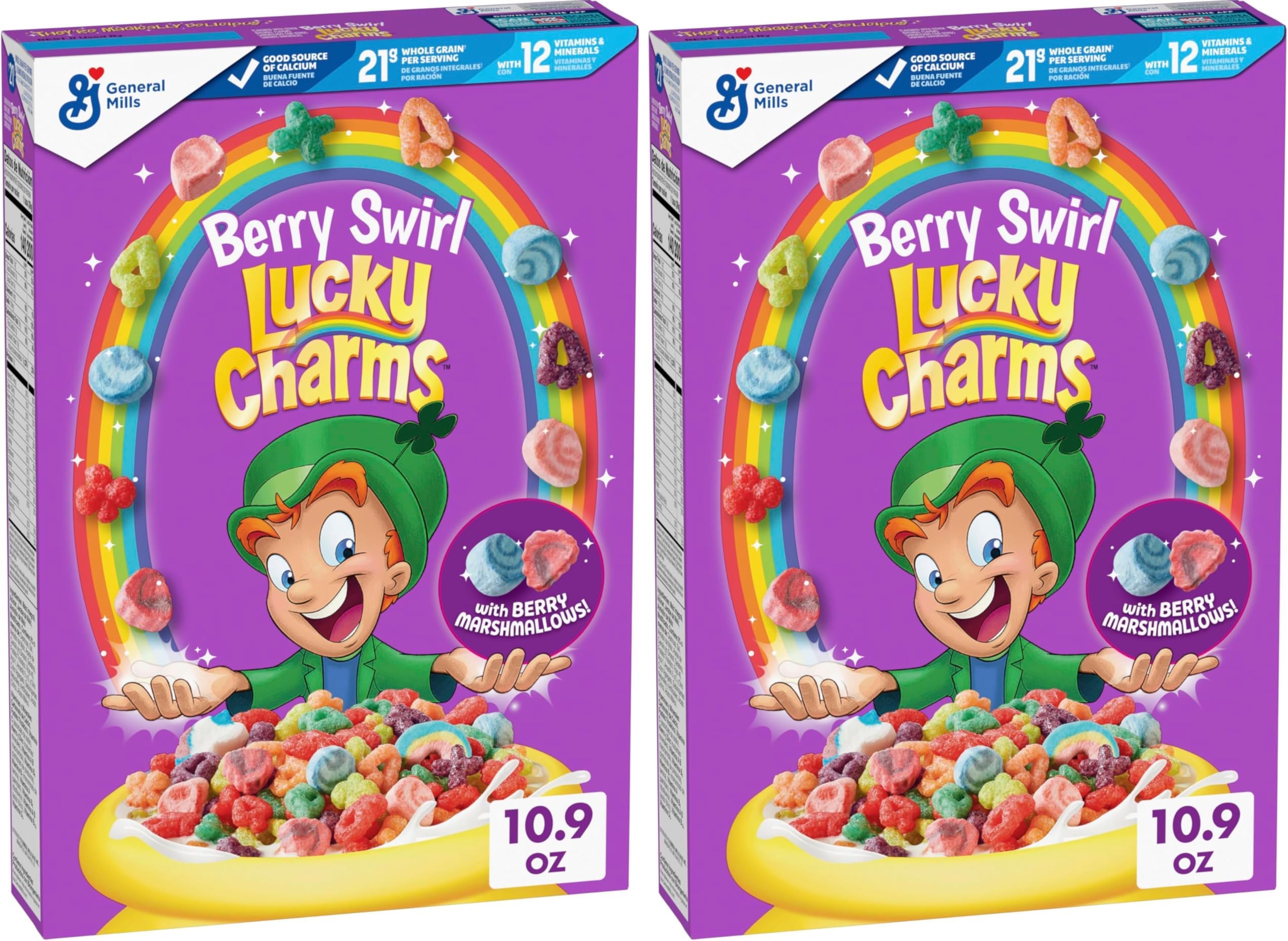 Lucky Charms Berry Swirl Breakfast Cereal with Marshmallows, Kids Breakfast Cereal, Made with Whole Grain, 10.9 oz (Pack of 2)