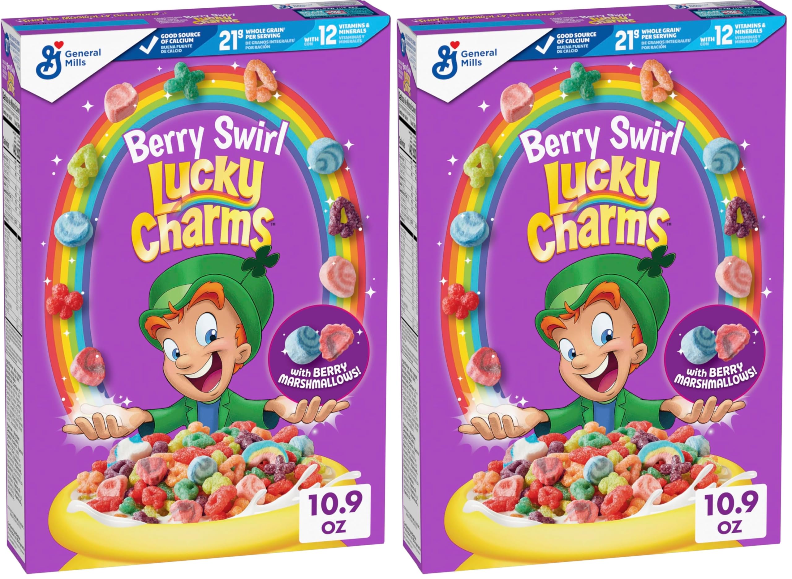 Lucky Charms Berry Swirl Breakfast Cereal with Marshmallows, Kids Breakfast Cereal, Made with Whole Grain, 10.9 oz (Pack of 2)