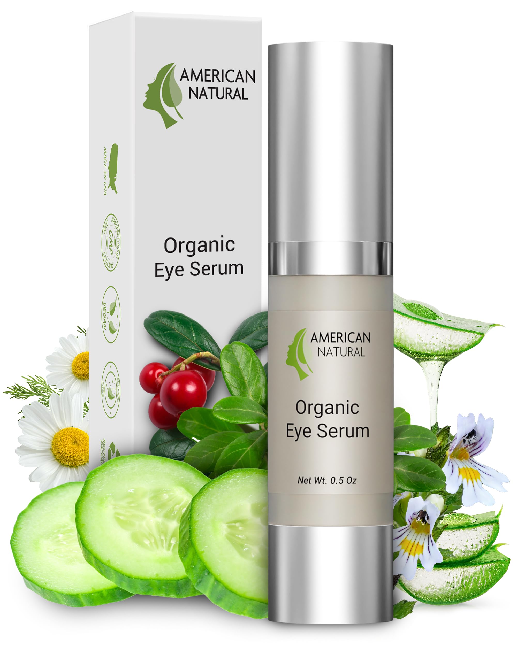 American Natural Eye Serum for Puffy Bags Under Eyes (0.5oz) - Dark Eye Circle Remover with Organic Cucumber & Chamomile Extract | Fine Line & Wrinkle