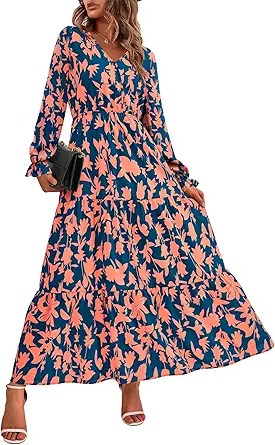 BTFBM Women Fall Dresses 2025 Casual Long Sleeve V Neck Maxi Dresses Floral Boho Long Dress Wedding Guest Dress