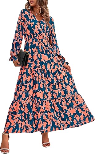 BTFBM Women Fall Dresses 2025 Casual Long Sleeve V Neck Maxi Dresses Floral Boho Long Dress Wedding Guest Dress