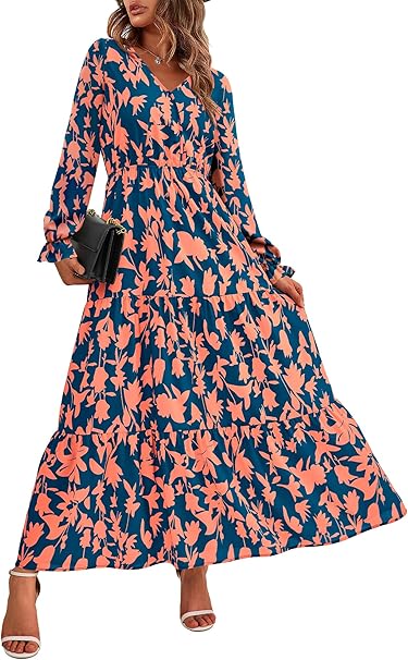 BTFBM Women Fall Dresses 2025 Casual Long Sleeve V Neck Maxi Dresses Floral Boho Long Dress Wedding Guest Dress