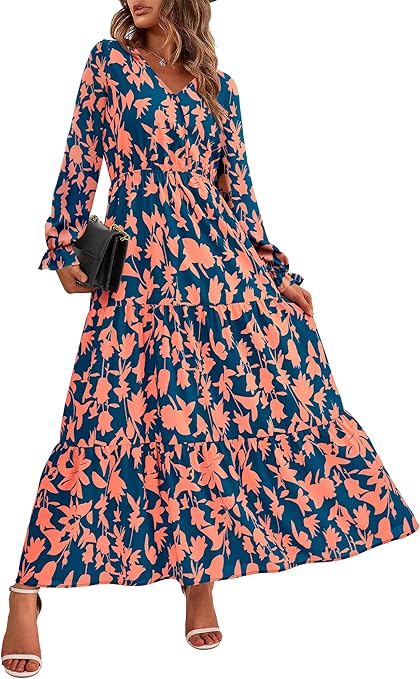 BTFBM Women Fall Dresses 2025 Casual Long Sleeve V Neck Maxi Dresses Floral Boho Long Dress Wedding Guest Dress