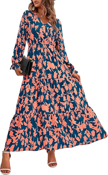 BTFBM Women Fall Dresses 2025 Casual Long Sleeve V Neck Maxi Dresses Floral Boho Long Dress Wedding Guest Dress
