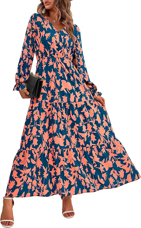 BTFBM Women Fall Dresses 2025 Casual Long Sleeve V Neck Maxi Dresses Floral Boho Long Dress Wedding Guest Dress
