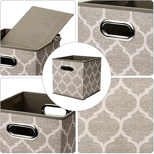 Miniatura 3 de i BKGOO Juego de 4 cajones de tela gruesa, cubos plegables con asas de metal duales para estantes, gabinetes, estanterías, cajas, gris-marrón, 10.5