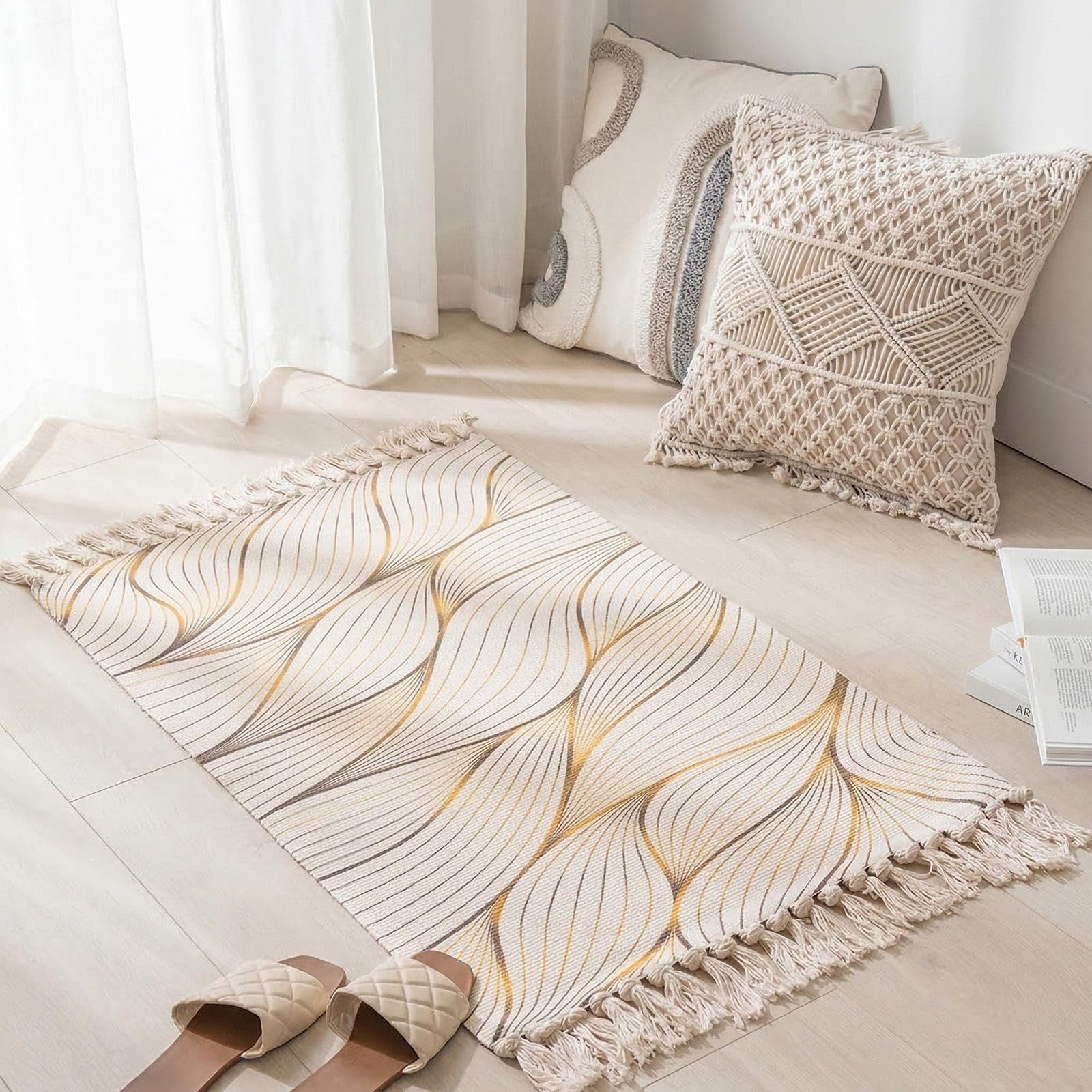 Boho-Teppiche für Wohnzimmer, kleine gewebte Baumwollteppiche mit Quaste, 60 x 90 cm, Vintage-Bauernhaus-Überwurf, waschbar, Küche, Badezimmer, Schlafzimmer, Waschküche, Eingangsbereich, Innenbereich