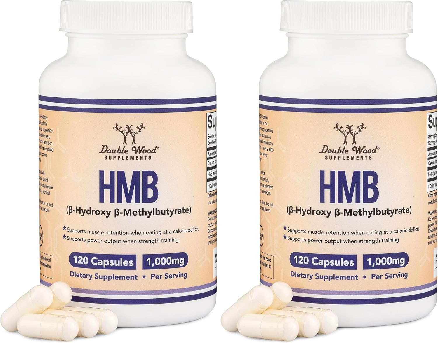 Double Wood Supplements HMB Supplement, Third Party Tested, Non-GMO, Gluten Free, 120 Capsules, 1000mg per Serving, 500mg per Capsule (Pack of 2)
