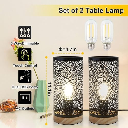 Miniatura 8 de Juego de 2 lámparas de mesa con control táctil, lámparas de mesita de noche regulables con puerto USB y salidas de CA, lámparas industriales de
