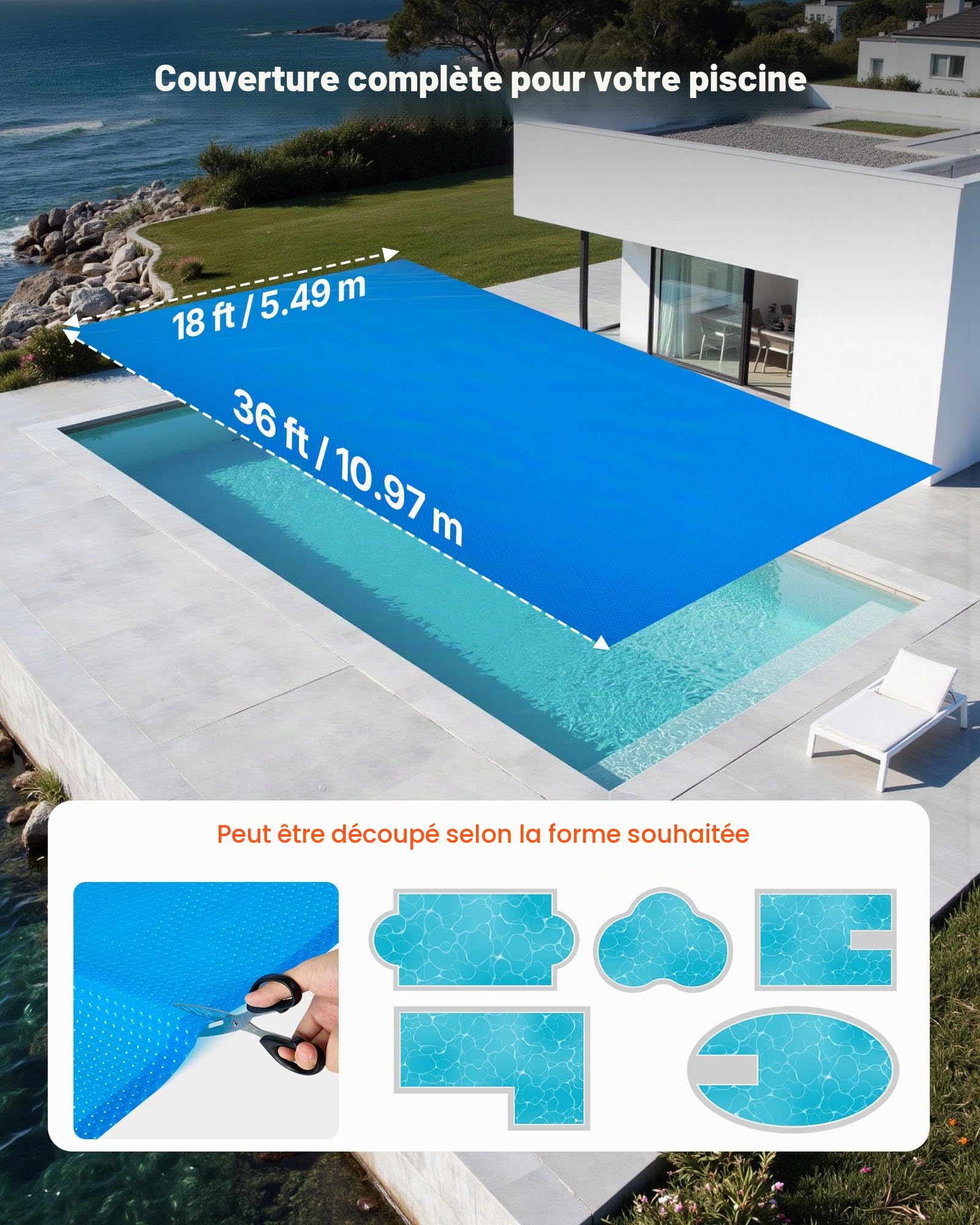 VEVOR Bâche Solaire Piscine Rectangulaire 11x5,5 m Couverture Solaire Piscine 0,2 mm Bâche à Bulles Polyéthylène pour Piscines Hors Sol Creusées, Absorption Chaleur Jour Rétention Chaleur Nuit, Bleu