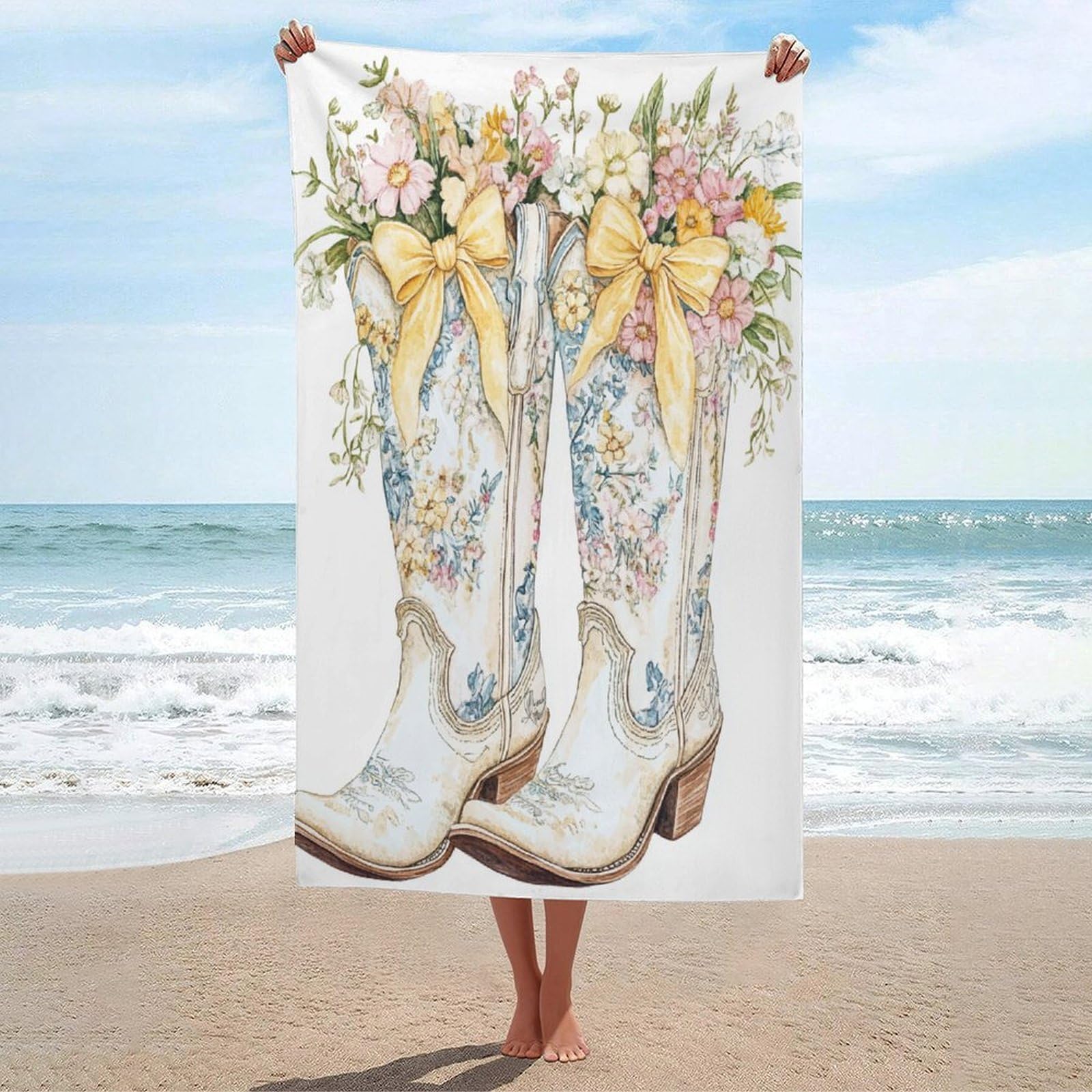 LSRCPD White Cowgirl Boots with Spring Flowers Beach Towel Sand Free Microfiber Large Shower Towels Multipurpose Absorbent for Bathroom Pool 130x80 CM