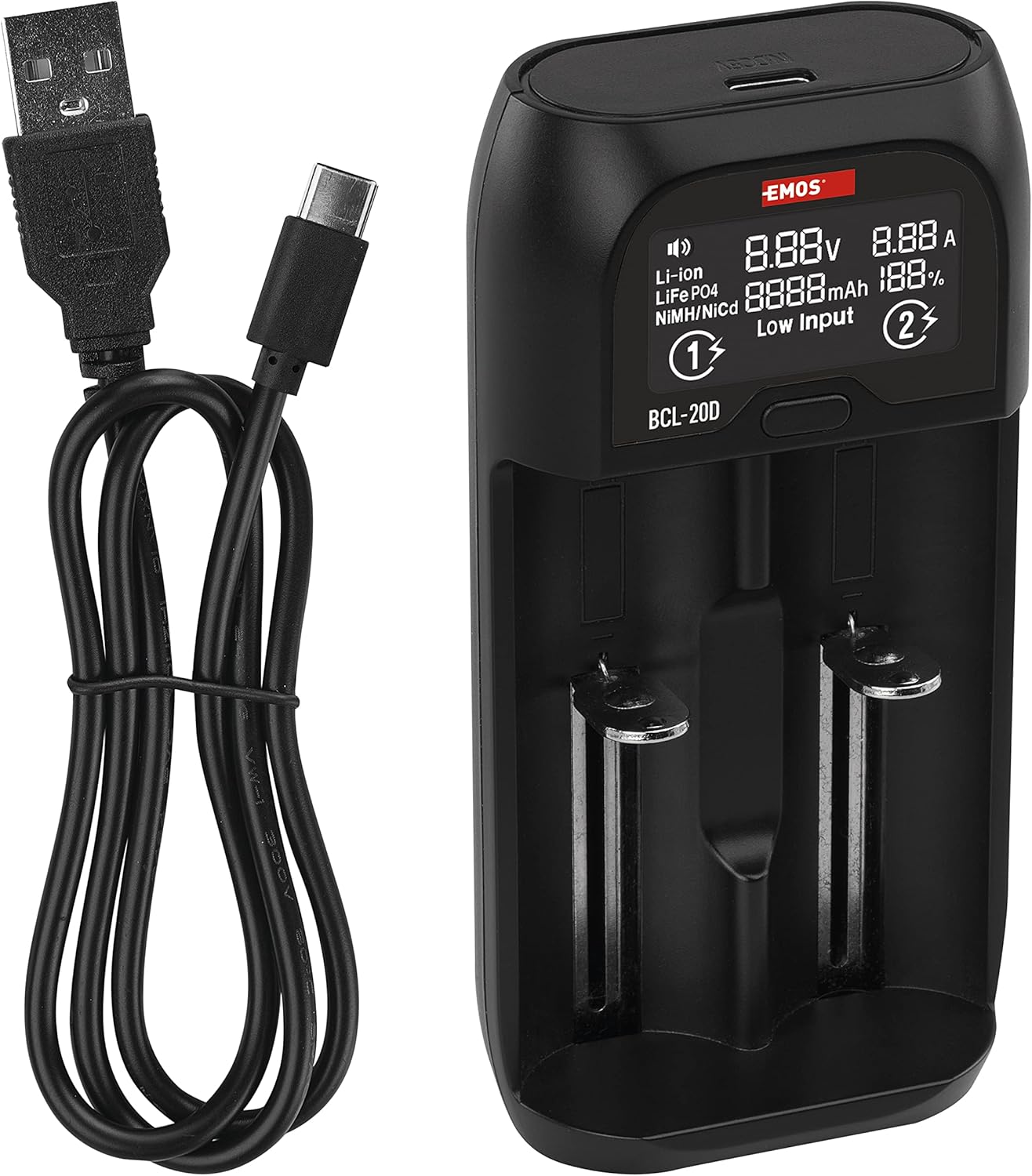 EMOS Universal Battery Charger for AAA, AA, C, SC Batteries/Smart Charger for Li-ion, LiFePO4, NiMH, NiCd Battery Types + USB Cable 5V/2A N9221