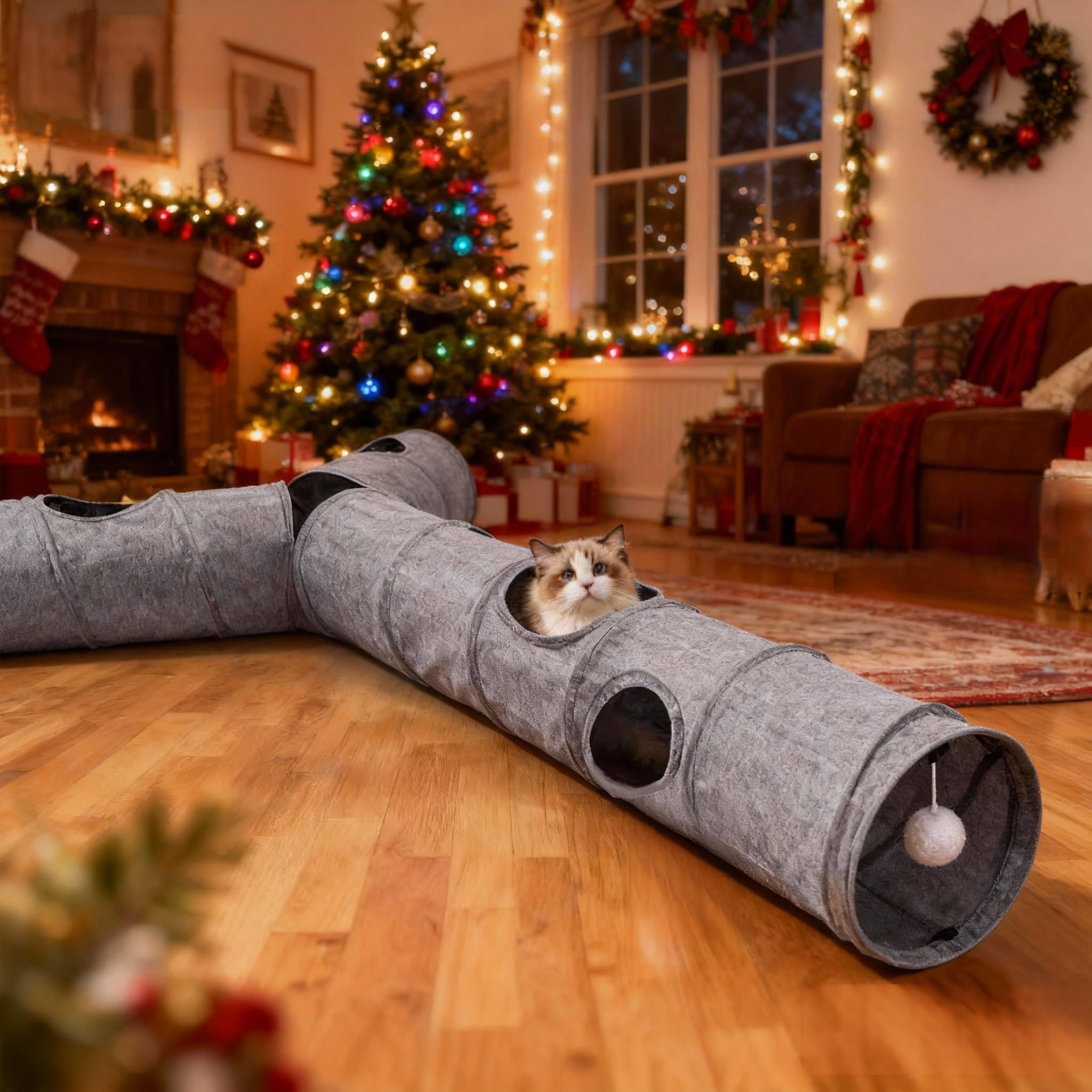 Túnel para gatos, 3 túneles de forma recta, 6 formas de bricolaje con juguetes de varita, sin ruido, resistente a los arañazos, tela de lino fresco, tubo interactivo para gatos de interior, cachorros
