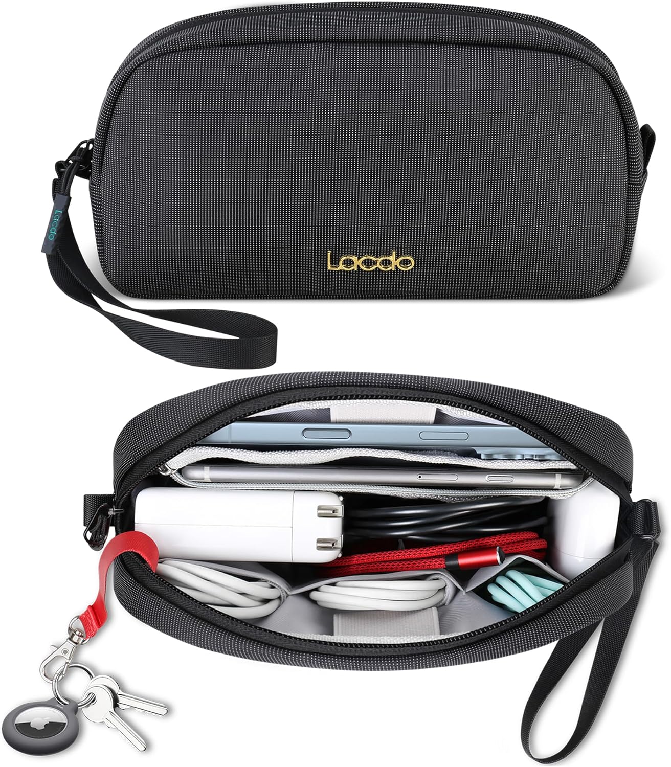 Lacdo Electronics Organizer Travel Case, Travel Bag Cable Organizer for Essentials, Water Resistant Tech Accessories Carry Storage for Cord, Phone, Cables, Airpods, USB Flash Drive, Daily Items, Black