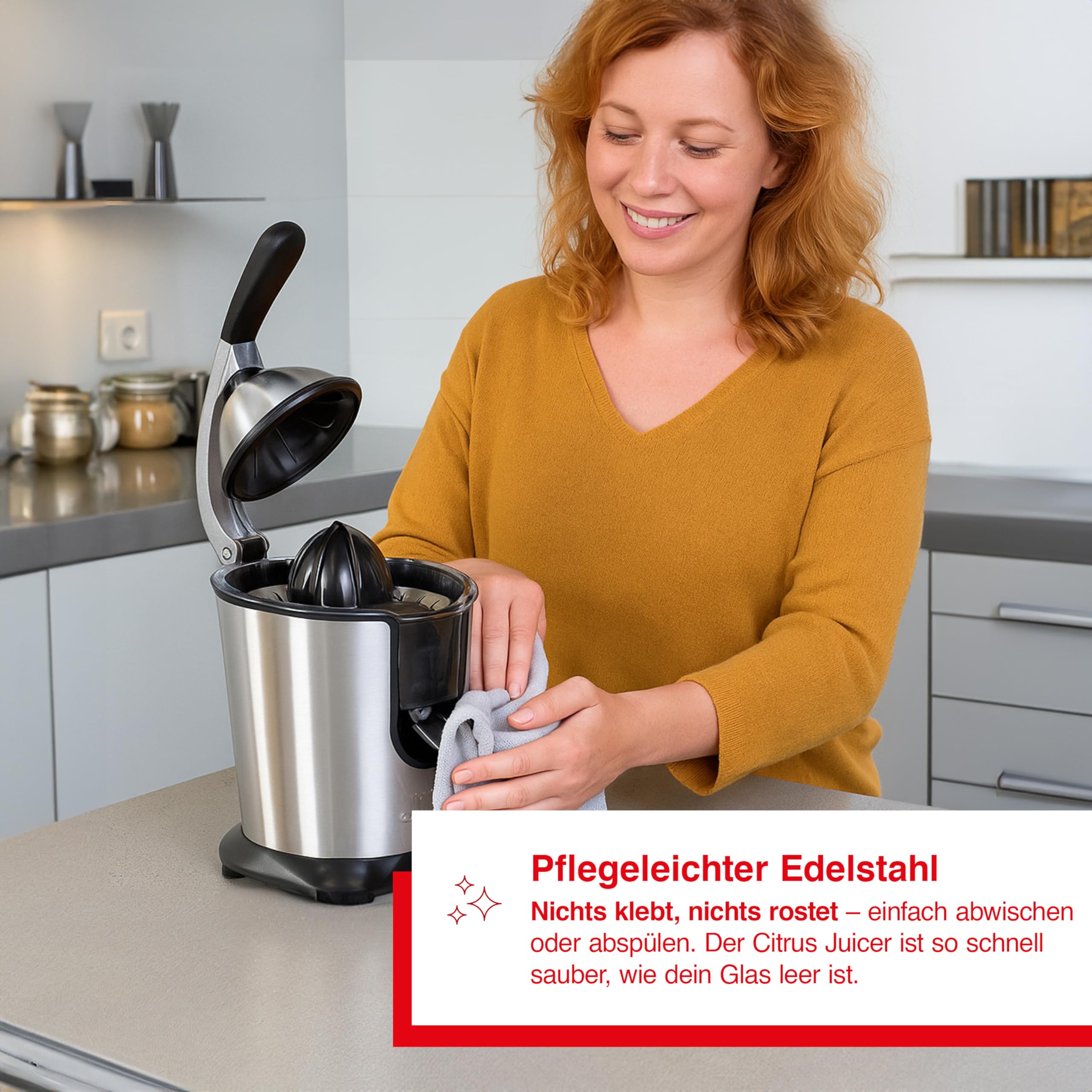 Solis Citrus Juicer 8453 Zitruspresse Elektrisch - Zitronenpresse - Orangenpresse - Einfache Startautomatik - Leiser Motor - Saftpresse Elektrisch aus Edelstahl - 160 Watt | Metall-Pressarm, Startautomatik, Anti-Tropf, spülmaschinenfest, für Orangen, Zitr