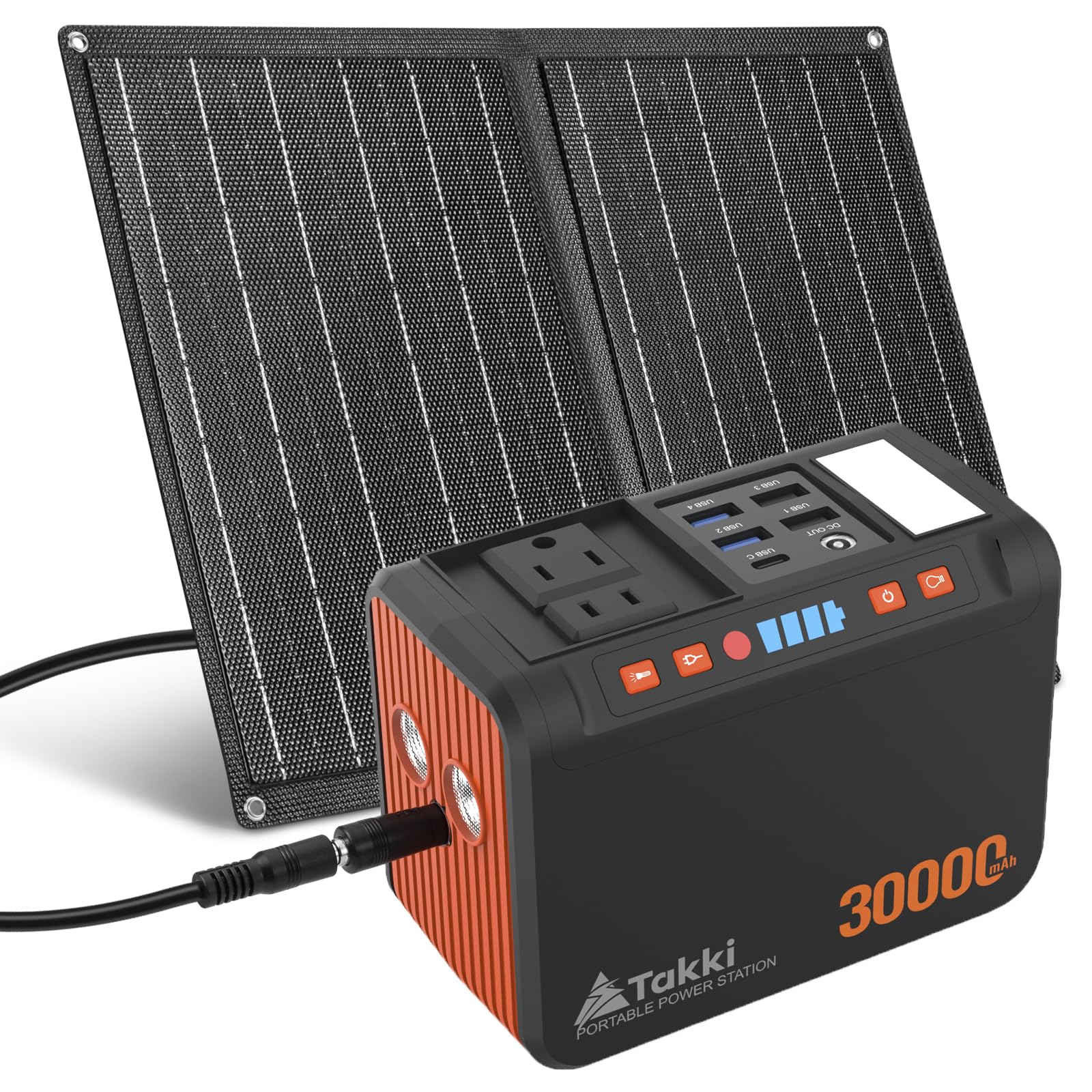 Takki 111Wh Portable Solar Generator Power Station with 21W Foldable Solar Panel, 120W Peak Solar Charger Power Bank with 110V AC DC USB Ports for Camping Emergency Outdoor Home Use