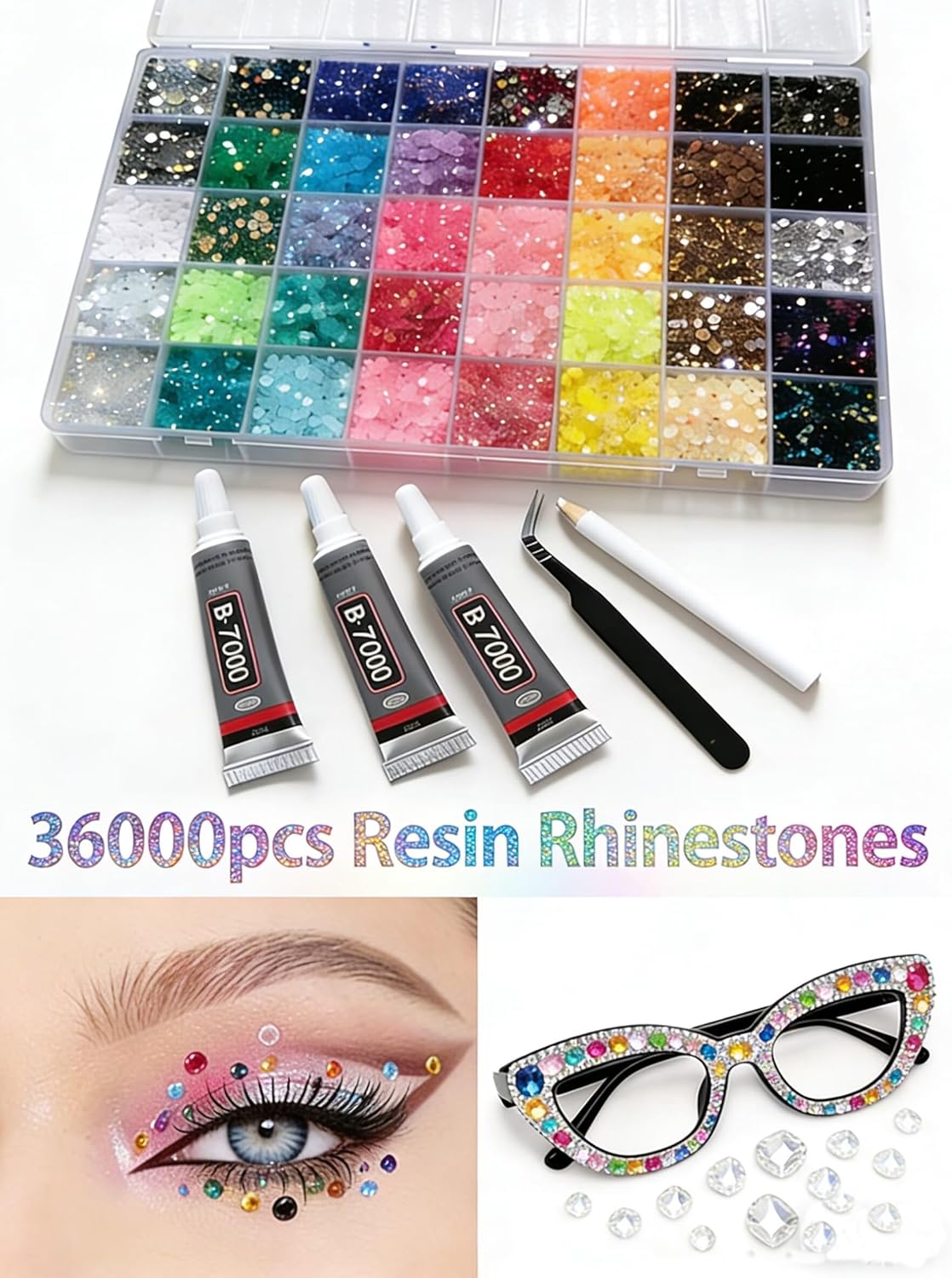 Bedazzle Kit Resin Rhinestones with Tweezers for Bedazzling 36000PCS 40 Colors, Multicolor 3mm Crystal Badazzle Kits Accessories with 3PCS 10ml B7000 Jewelry Glue for Bedazzled Nail Gems Crafting