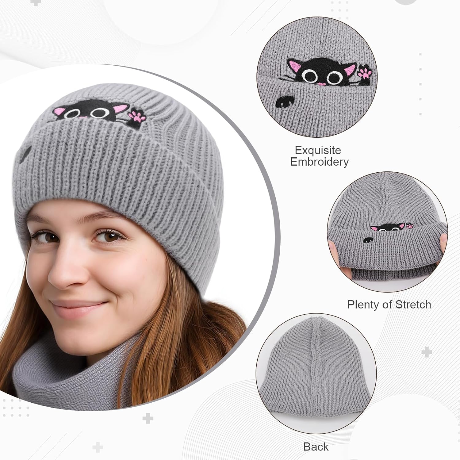 Women Winter Warm Knit Beanie Cat Hat with Headband Scarf Gloves Cat Lover Gifts Set for Women Teen Girls Grey - Image 5
