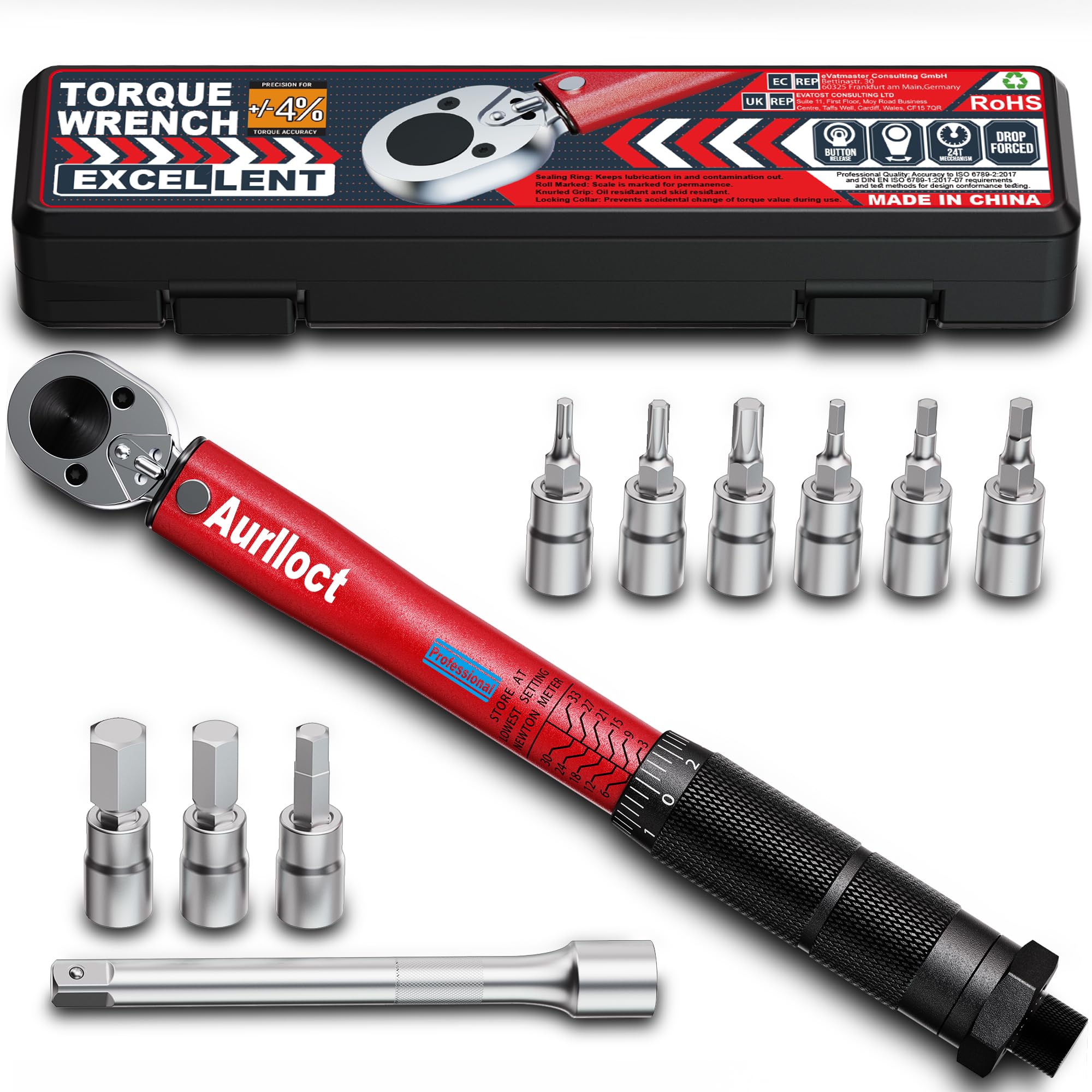 Aurlloct 1/4 Inch Drive Click Torque Wrench 3-33 Nm 11 Piece Red