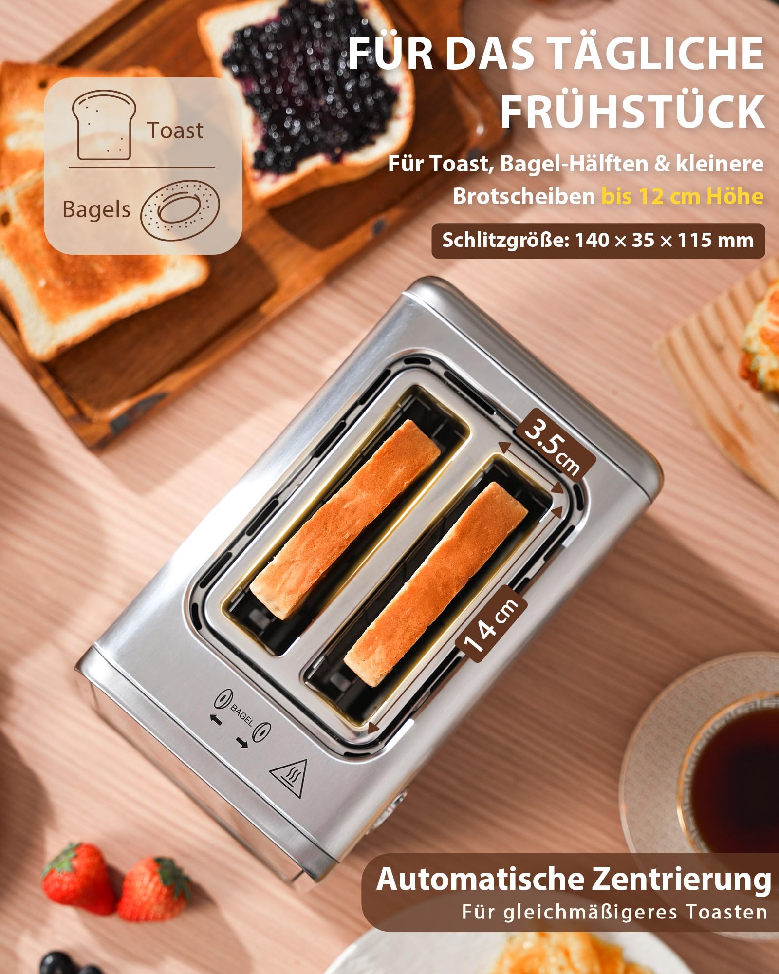 Toaster 2 Scheiben Edelstahl mit Smart Touchscreen & LED-Countdown, Intelligente Memory-Funktion, 3,5cm extra breite Schlitze, Einseitiges Rösten, inkl. Sandwich-Zange & Brötchenaufsatz, 850W