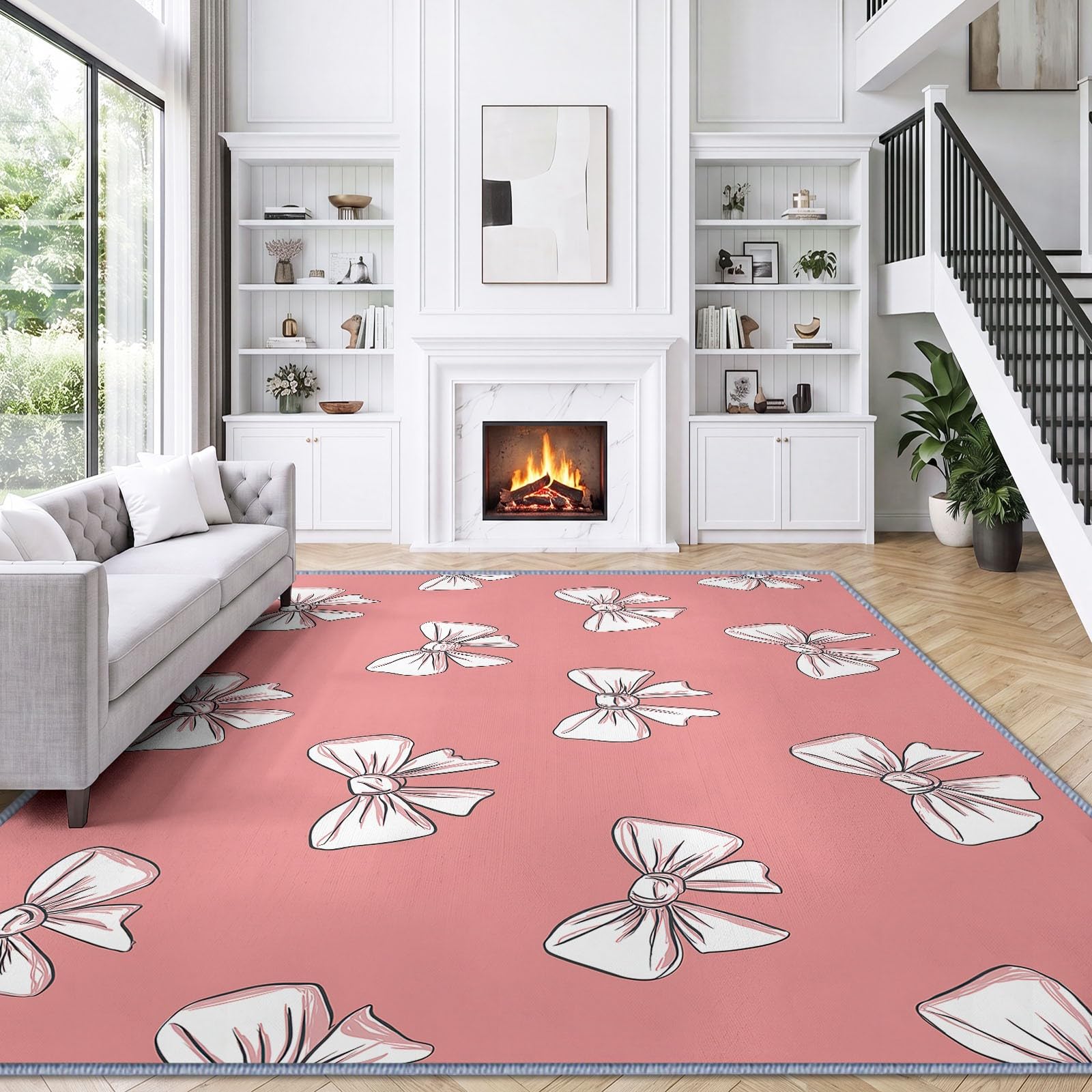 Generisch Minimalistisch niedlich Teppich Pflegeleichter Stilvolle Wahl, Weiße Schleife rosa Hintergrund Kurzflor Waschbar Teppich 240 x 300 cm Weich und ideal für Wohnzimmer Schlafzimmer Esszimmer
