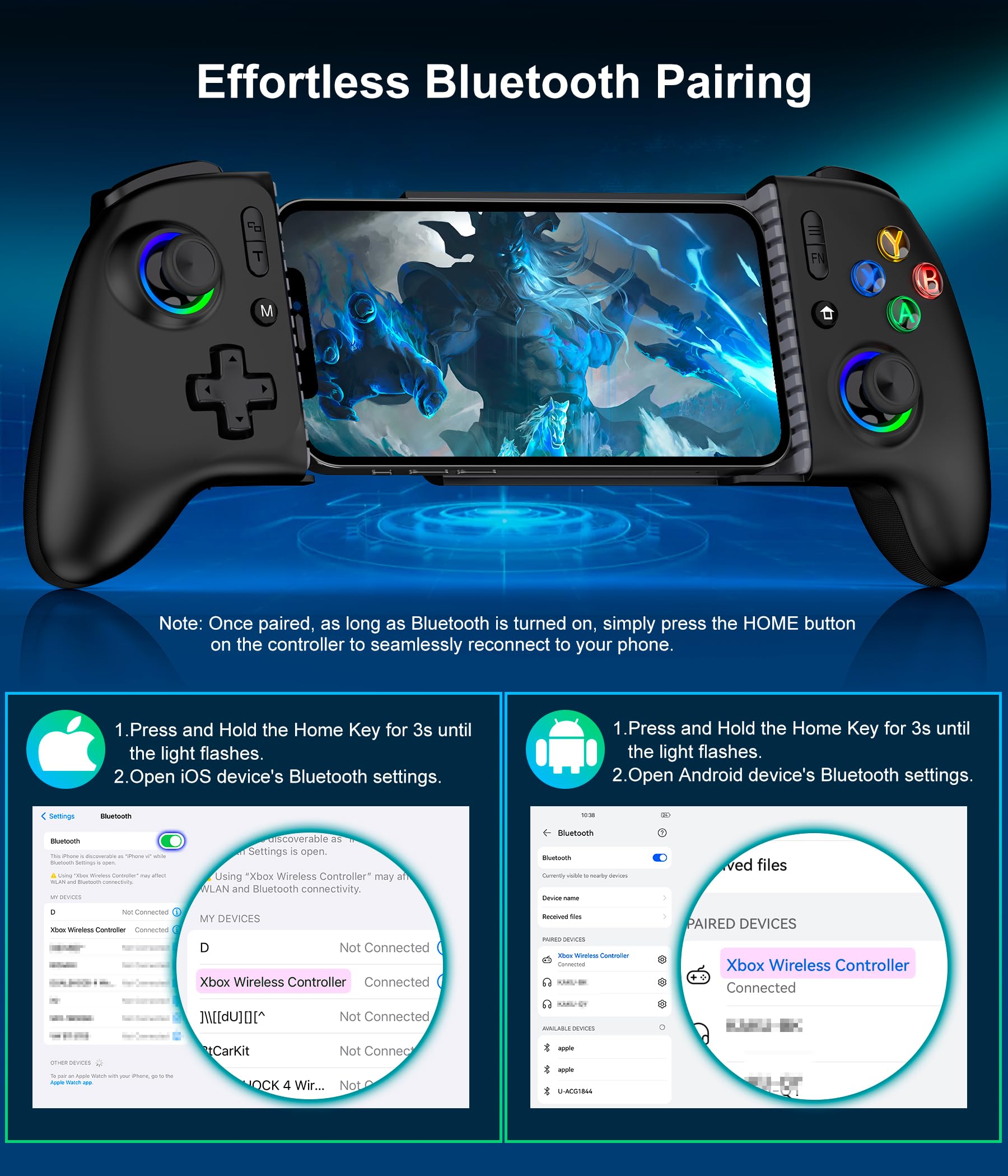 Elegamefy Handy Controller für Android/iPhone/Switch/Oled/Switch 2, Smartphone Controller mit Programmierbarem, Aufgerüstet Joystick ohne Totzonen, Led Licht