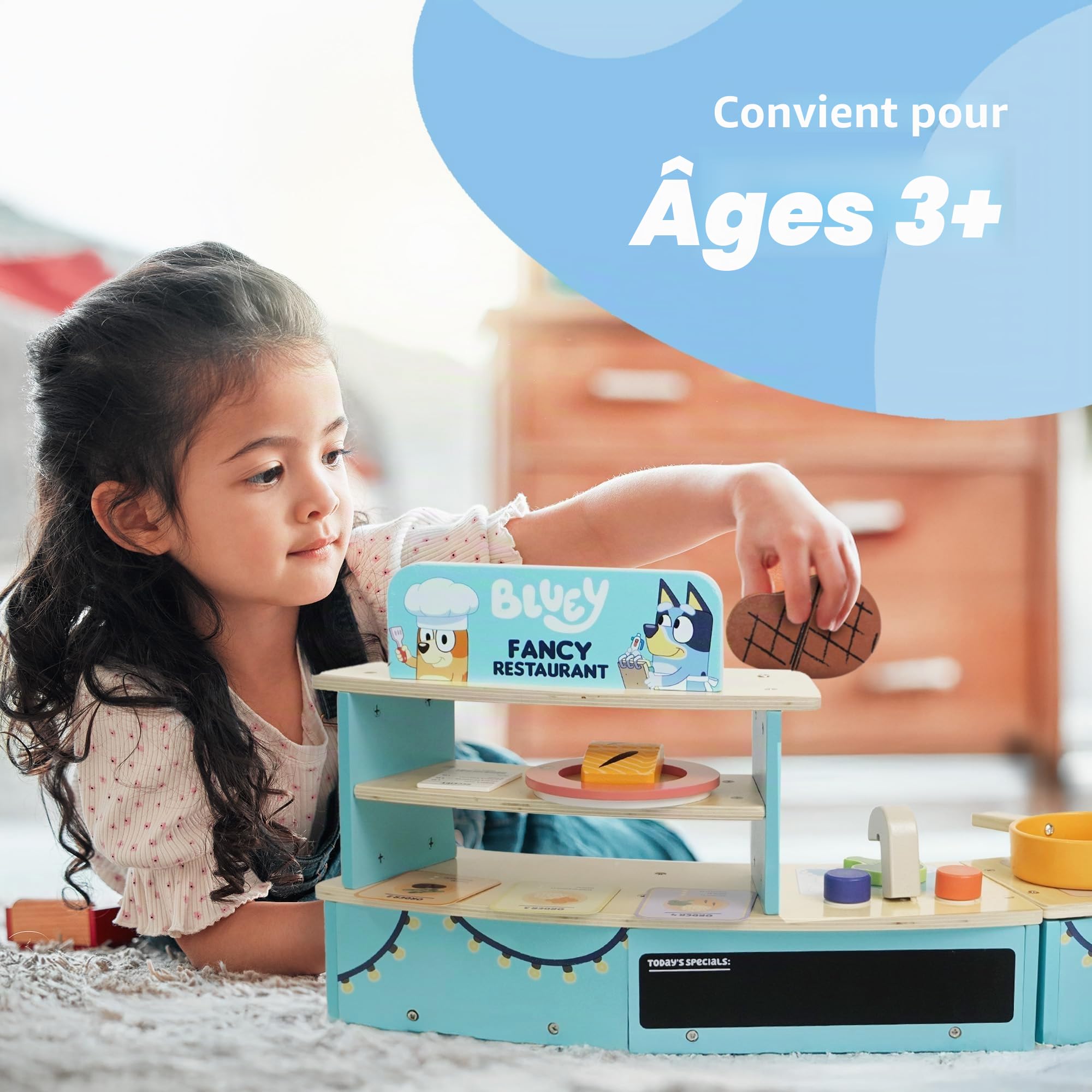 Bluey - Set de Jeu de dinette Restaurant de Luxe - Cuisine en Bois pour Enfants avec Four, évier, réfrigérateur et Accessoires de Cuisine - Kit en Bois certifié FSC pour des Jeux de rôle imaginaires