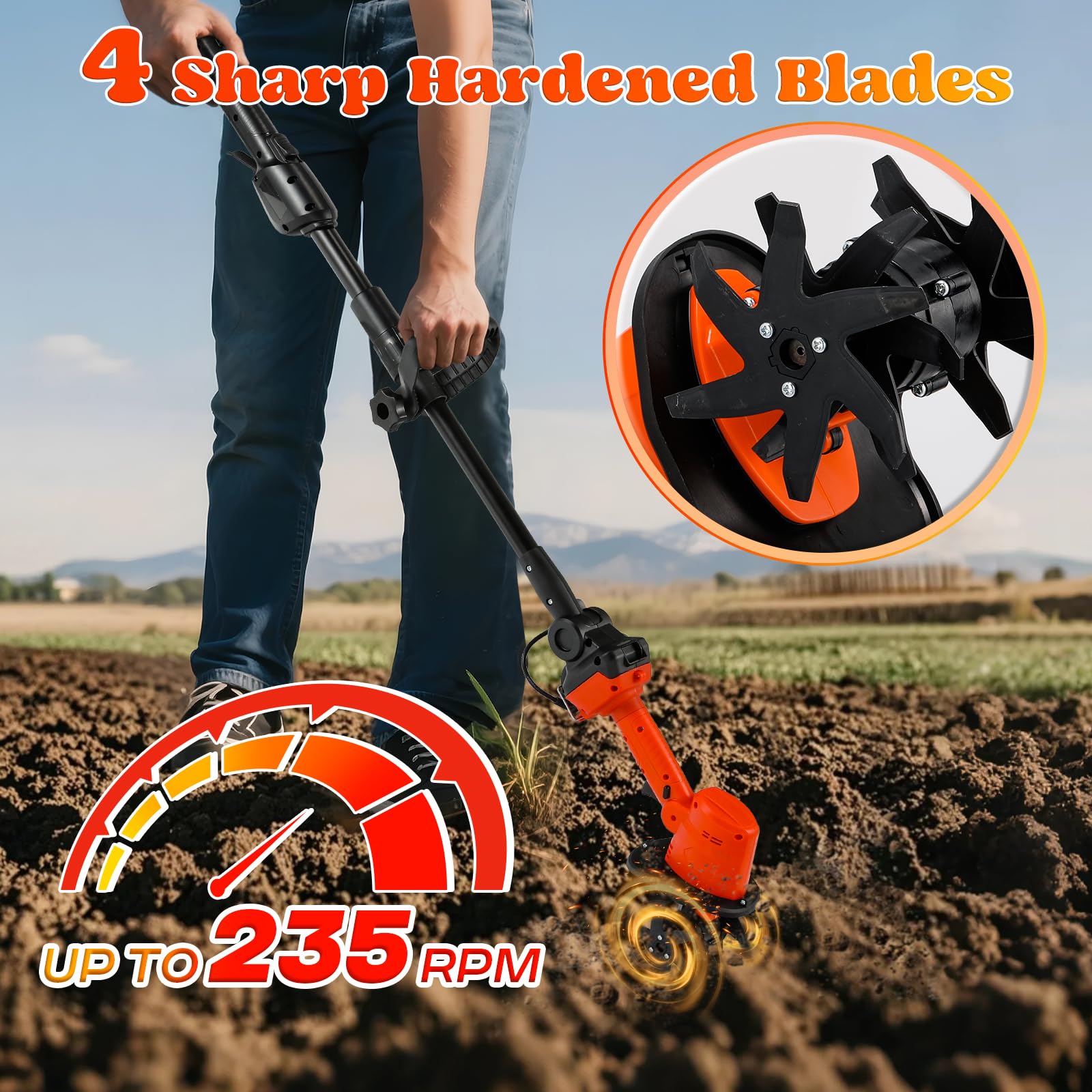 Moongiantgo Motobineuse-Sarcleuse 2-en-1 sans Fil, Design Main/Perche avec 4 Lames en Acier Trempé, Double Batterie 21V pour Désherbage, Labour, 10 cm de Profondeur/Largeur, 2×1500 mAh