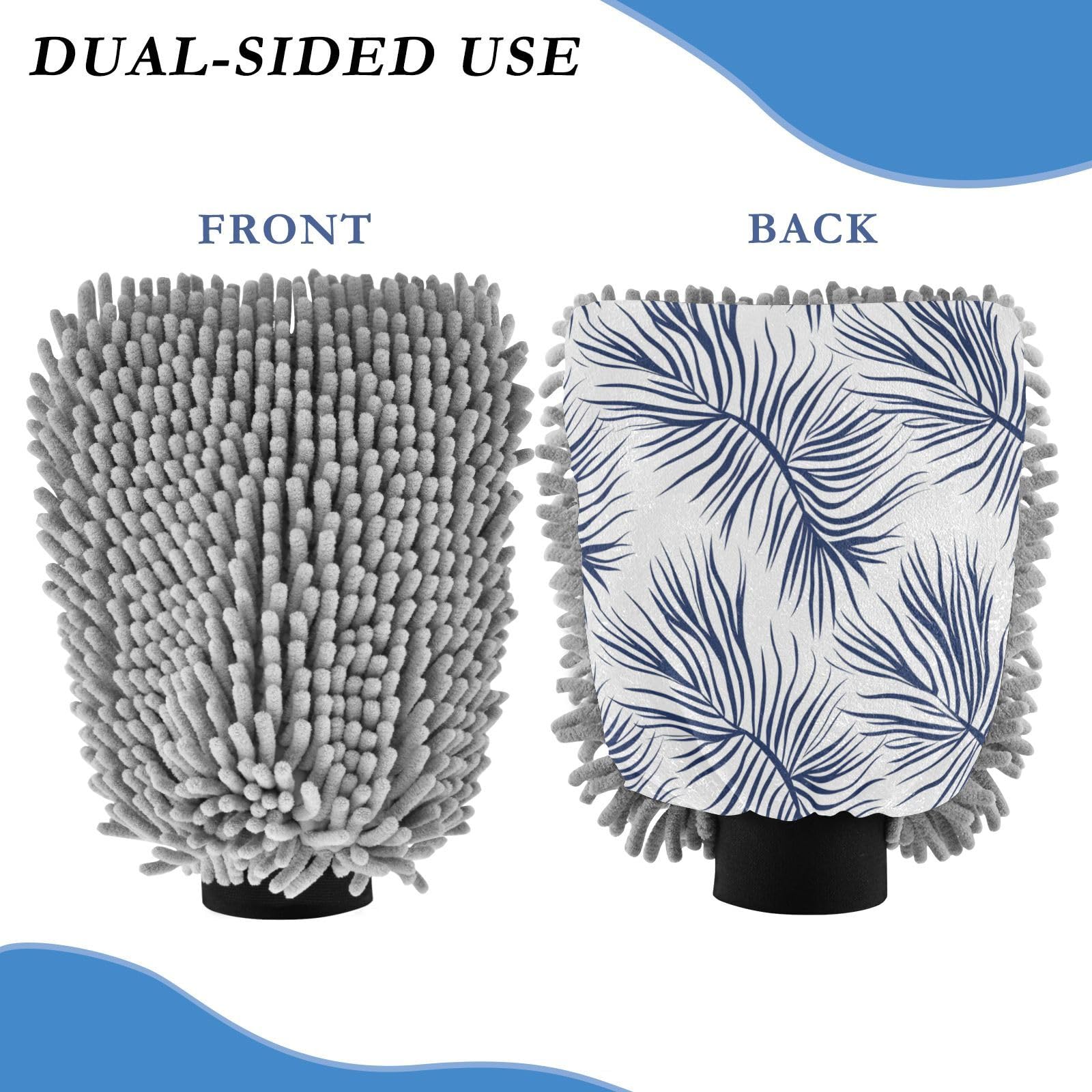 ALAZA Blue Palm Leaves Car Wash Mitt Scratch Free, 2 Pack Absorbent Microfiber/Chenille Washing & Drying Mitts, L